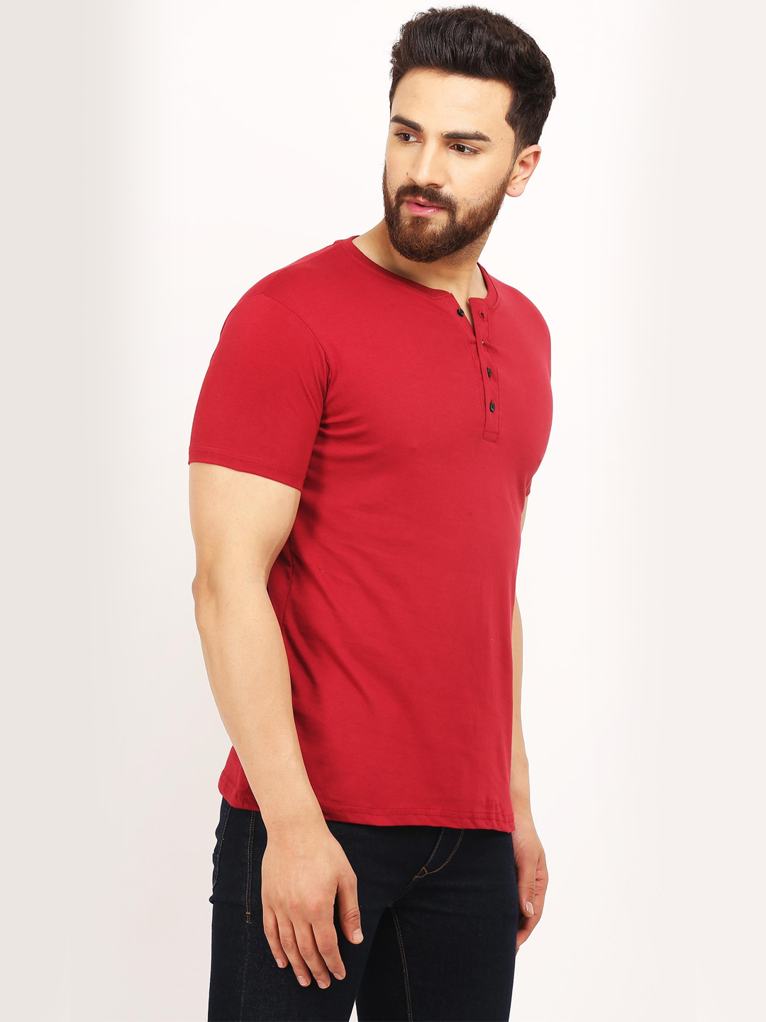Men Henley Maroon Regular Fit T-Shirt