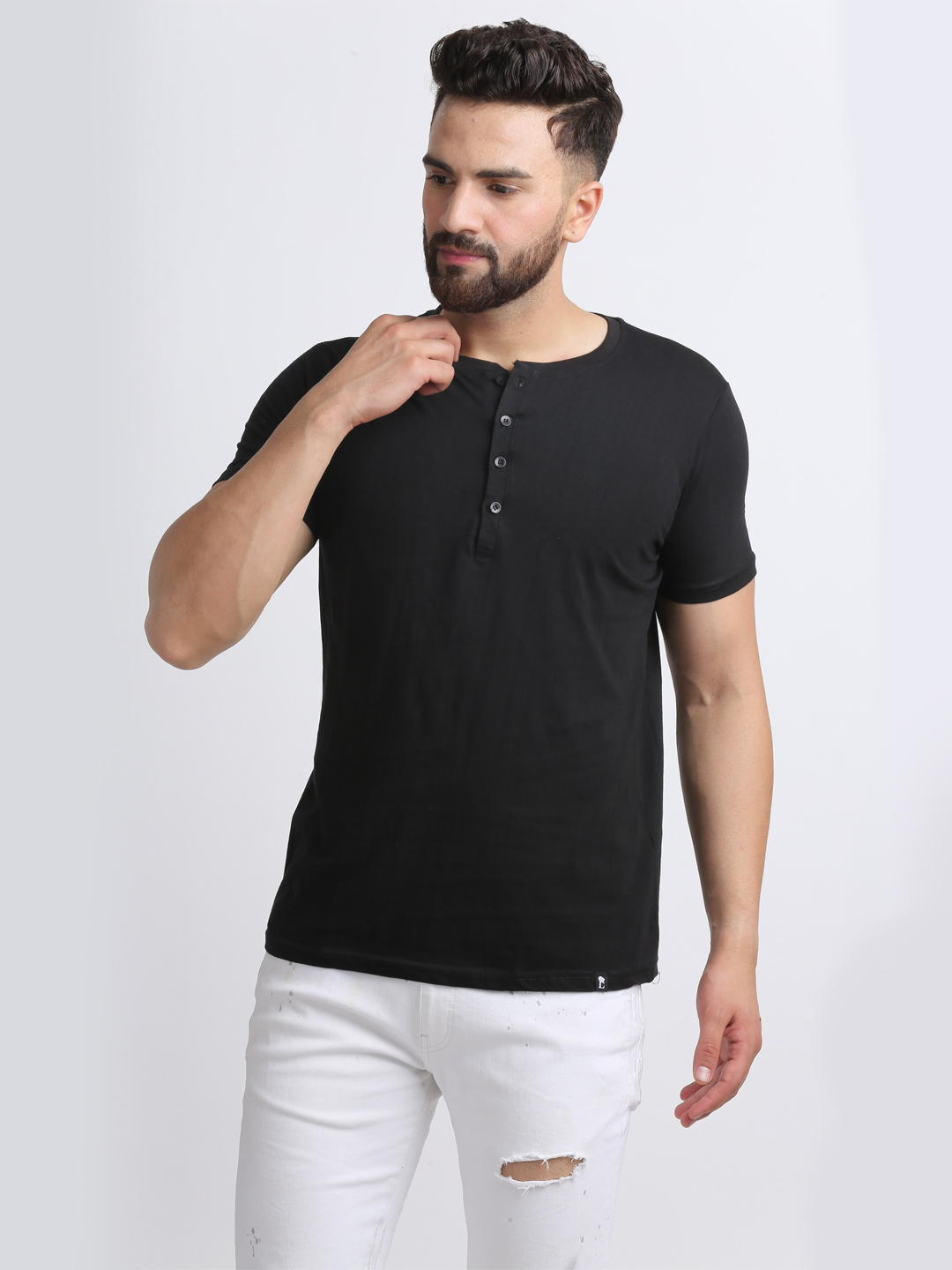 Men Henley Black Regular Fit T-Shirt
