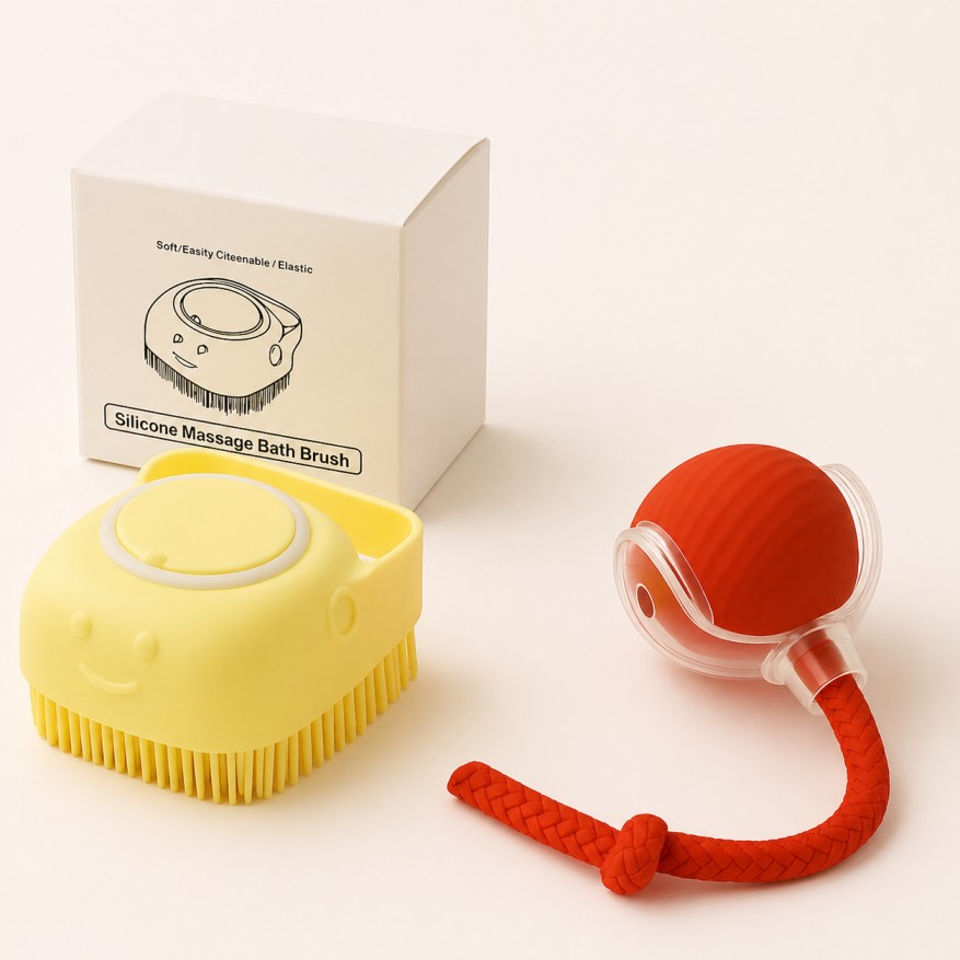 Petwag Pet Toy & Bath Brush Combo for Dogs & Cats | Play Ball + Silicone Grooming Brush