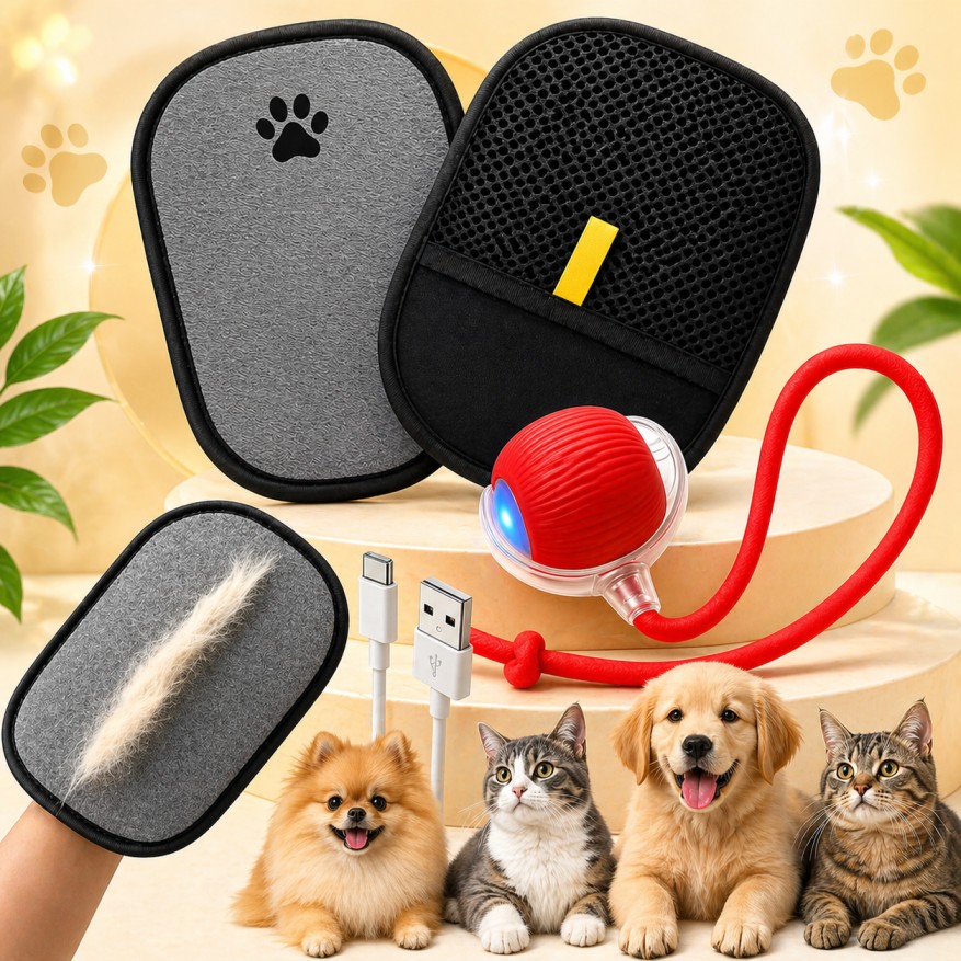 Petwag Pet Hair Remover Glove & LED Ball Combo for Dogs & Cats | Grooming & Play Kit