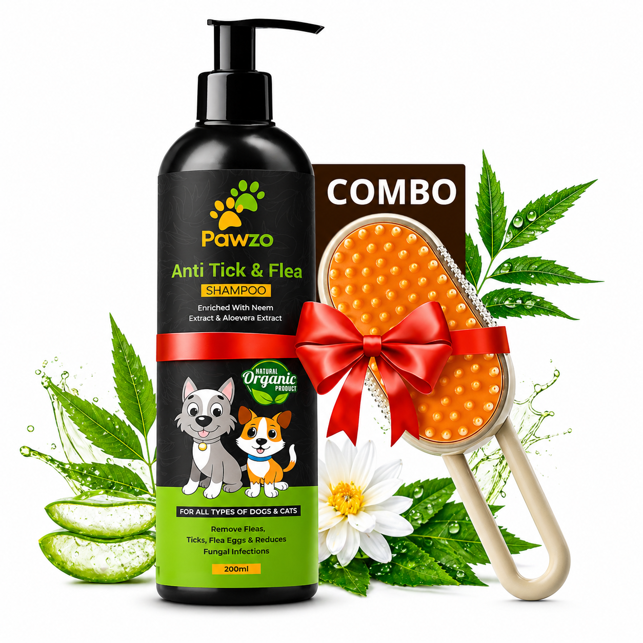 Petwag Anti-Tick Shampoo & Grooming Brush Combo for Dogs & Cats | Neem & Aloe Vera Flea & Tick Care