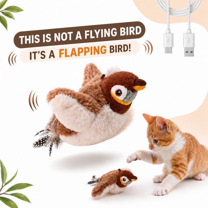 Petwag Interactive Flapping Bird Cat Toy | Rechargeable Chirping Bird Toy with Realistic Sound & Motion for Cats