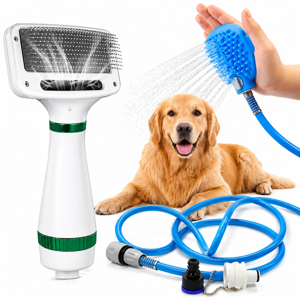 Petwag 2-in-1 Pet Grooming Brush & Bath Shower Sprayer Combo | Deshedding Tool + Dog Bath Hose Spray Kit
