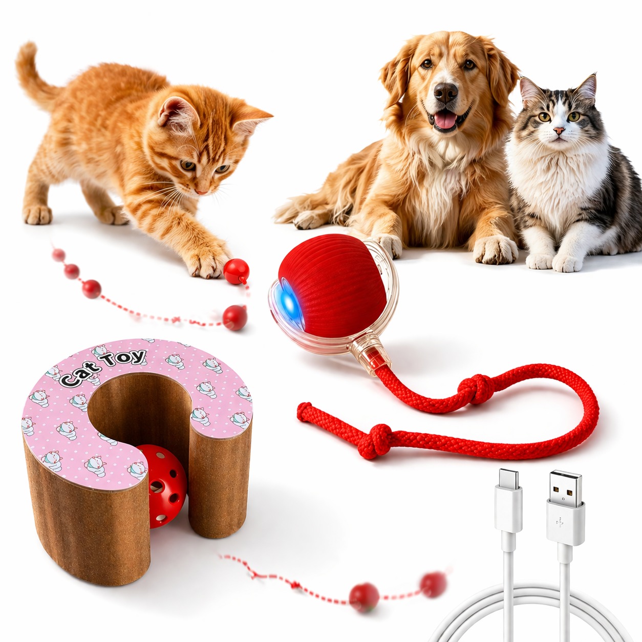 Petwag 3-in-1 Interactive Pet Toy Combo | Cat Play Tunnel Toy + LED Ball Toy Rope Ball Toy for Dogs & Cats