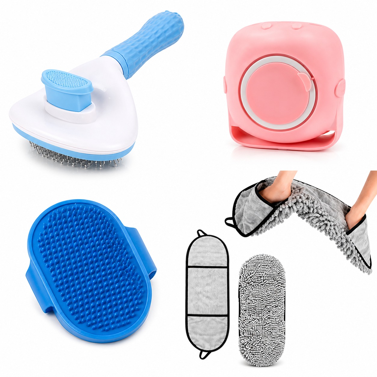 Petwag 4-in-1 Pet Grooming & Cleaning Combo | Deshedding Brush + Bath Scrubber + Lint Roller + Microfiber Drying Towel