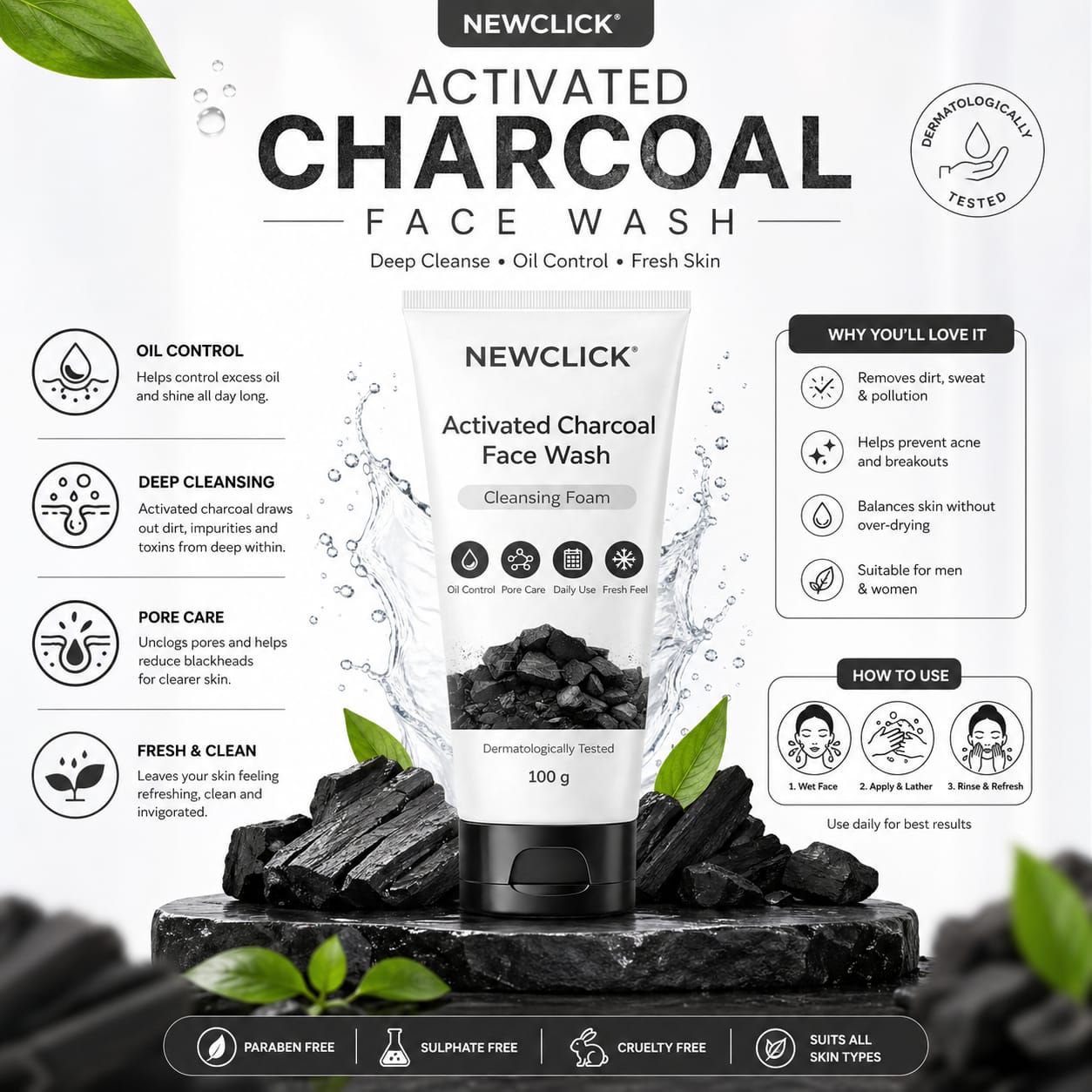 NewClick Activated Charcoal  100ml | Deep Cleansing Formula | For Oily & Acne Prone Skin a2256 Face Wash (100 ml) image 3