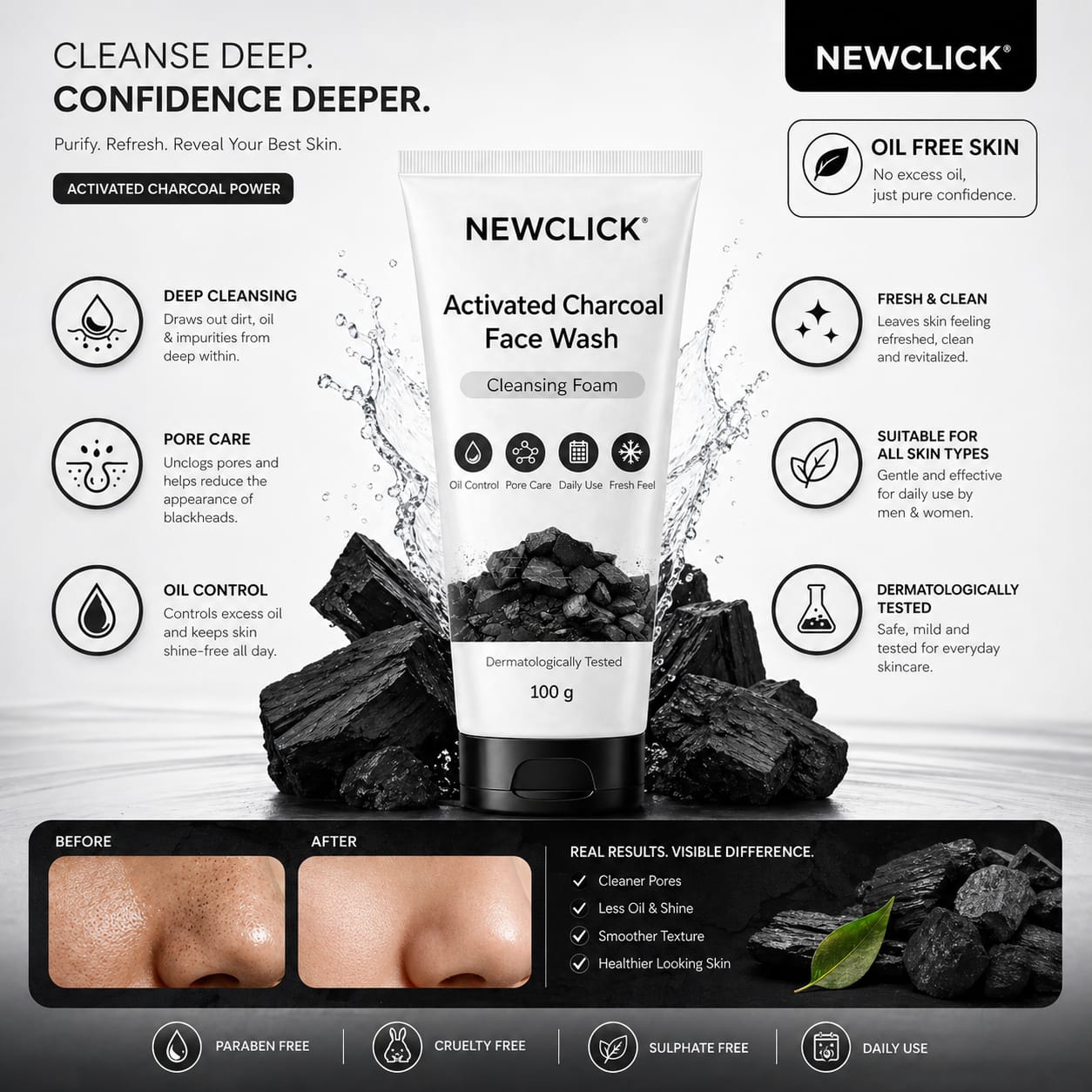 NewClick Activated Charcoal  100ml | Deep Cleansing Formula | For Oily & Acne Prone Skin a2256 Face Wash (100 ml) image 2