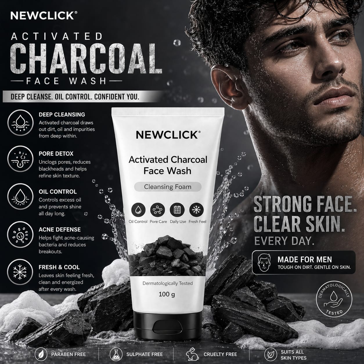 NewClick Activated Charcoal  100ml | Deep Cleansing Formula | For Oily & Acne Prone Skin a2256 Face Wash (100 ml) image 4