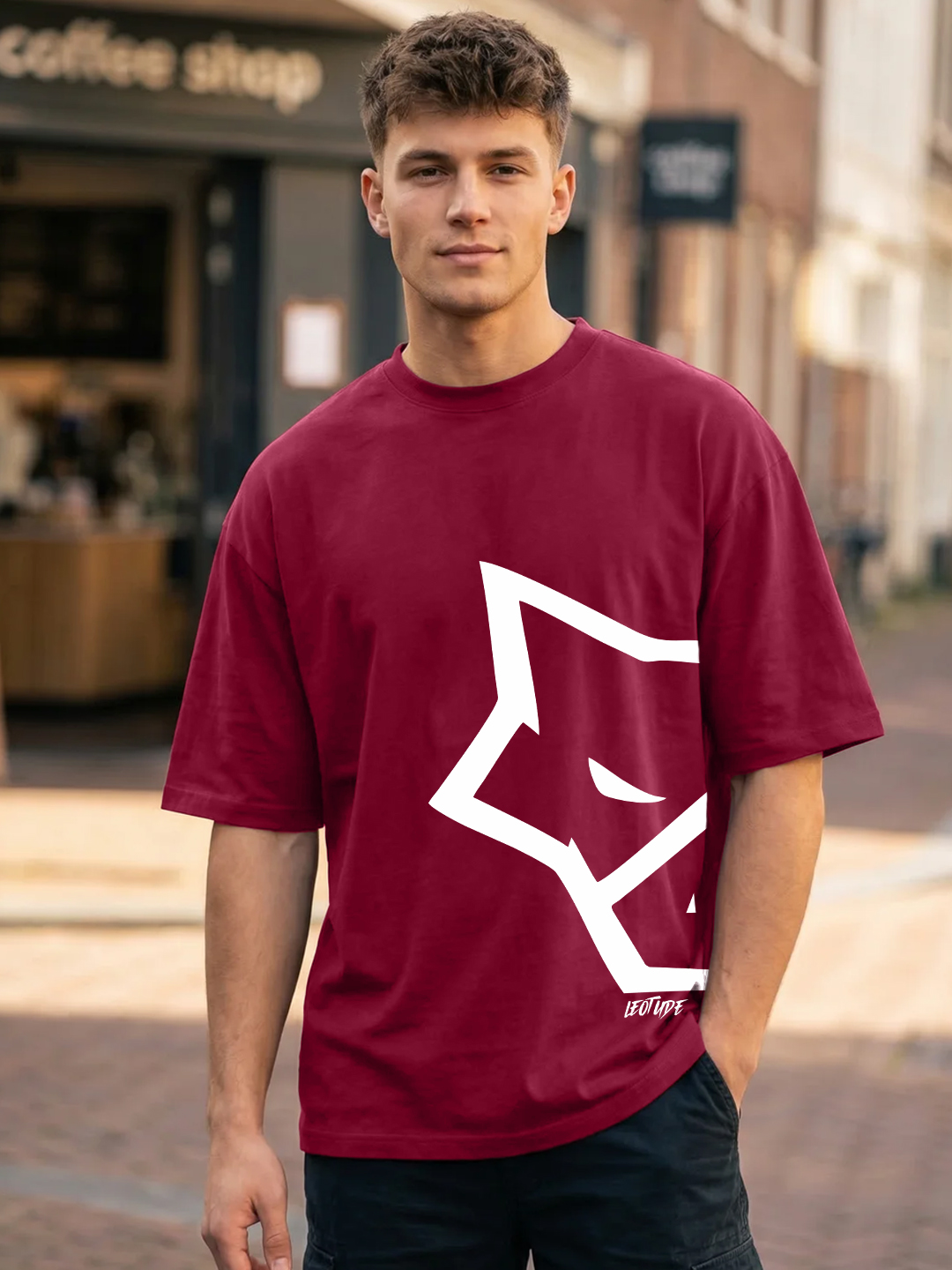 Men Wolf Maroon Oversized T-Shirt - Leotude Fashion