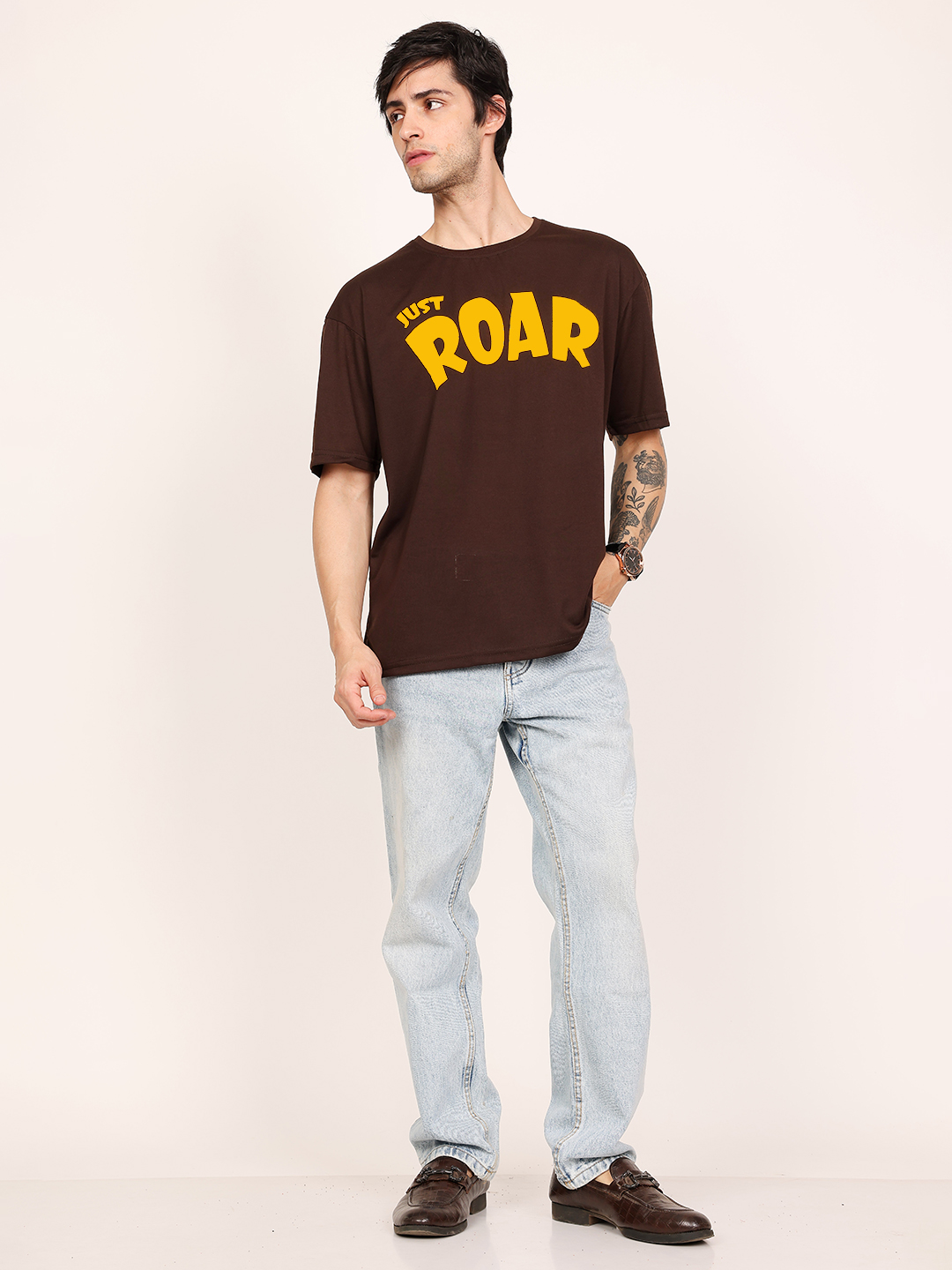 Men JUST ROAR Brown Oversized T-Shirt