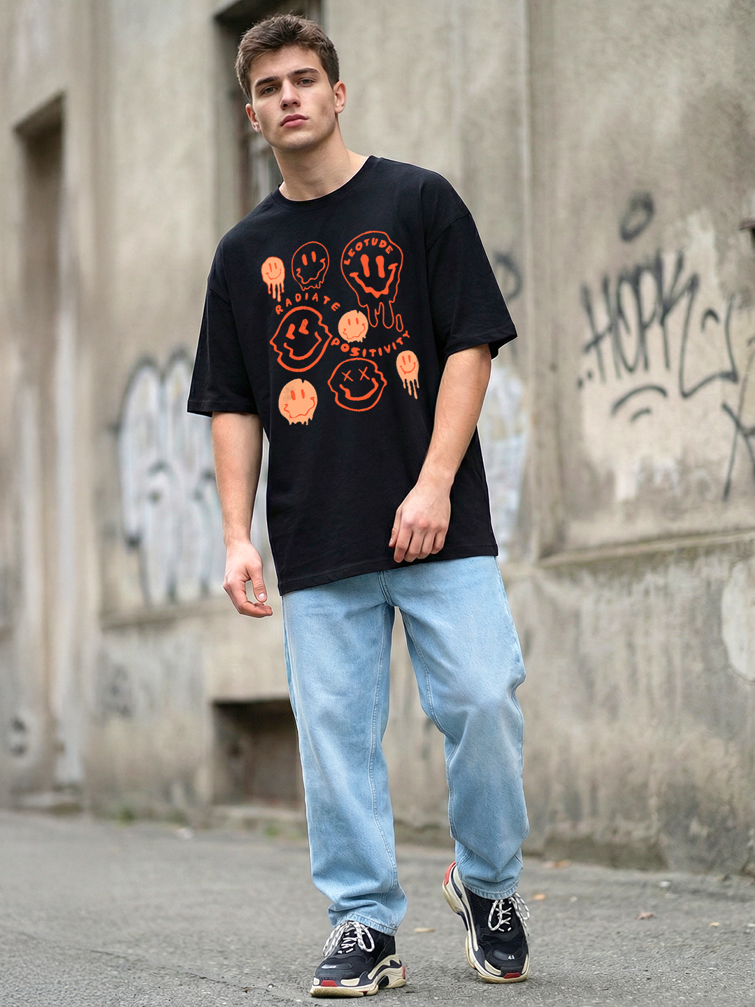 Men Emoji Black Oversized T-Shirt