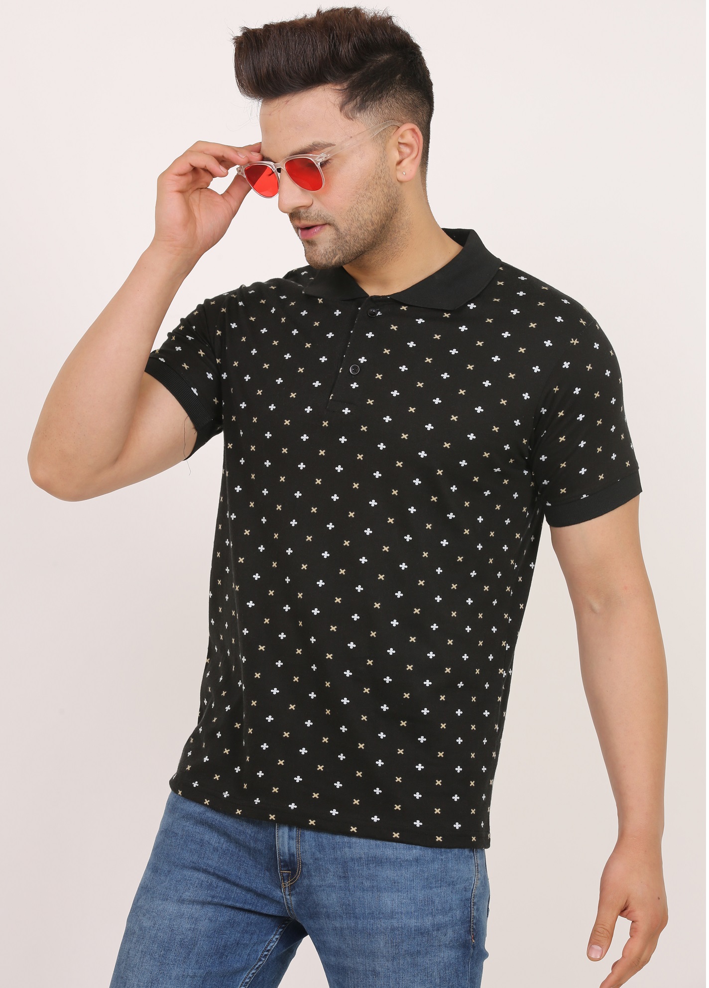 Men All-Over Print Black Polo T-Shirt