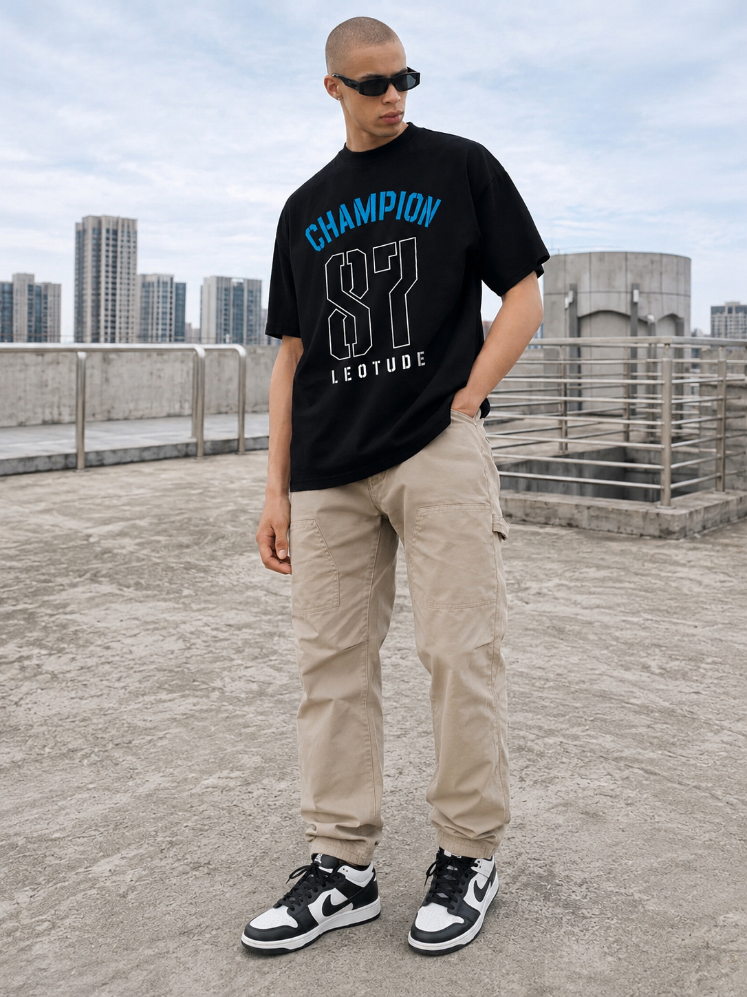 Leotude Champion 87 Oversized T-Shirt for Men | Bold Varsity Graphic Print Black Tee