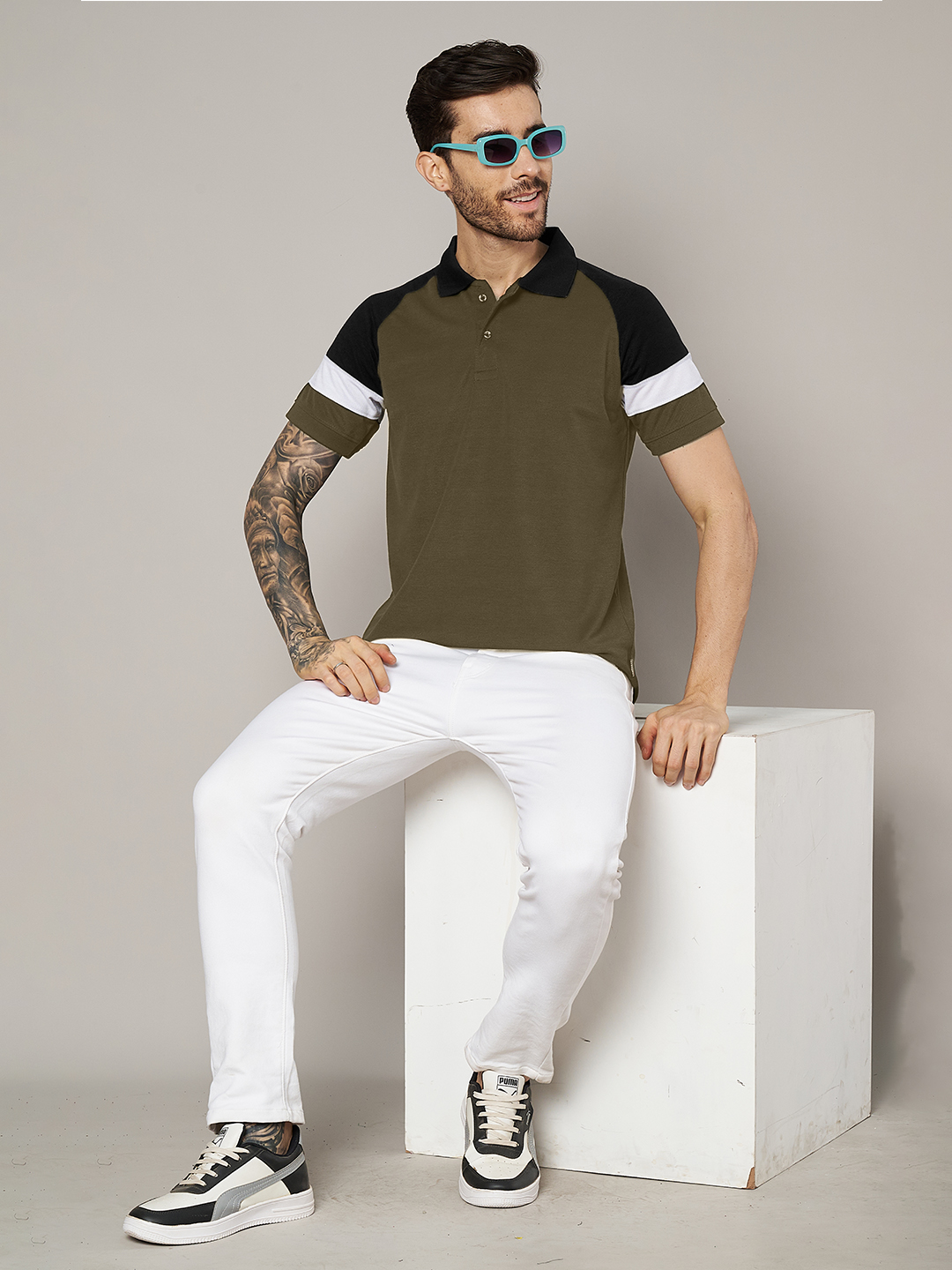 Men Colorblock Olive Polo T-Shirt