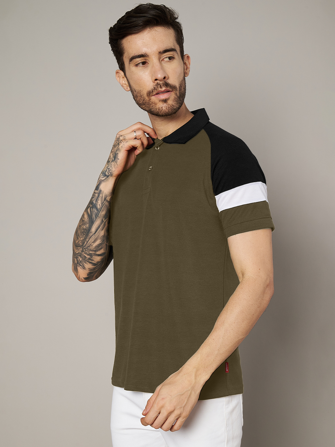Men Colorblock Olive Polo T-Shirt