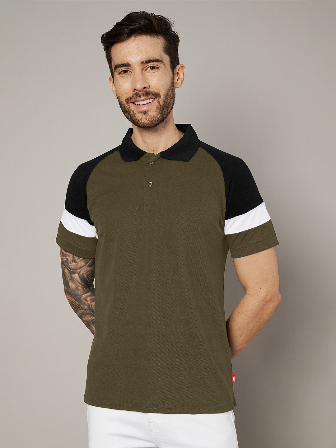Men Colorblock Olive Polo T-Shirt - Leotude Fashion