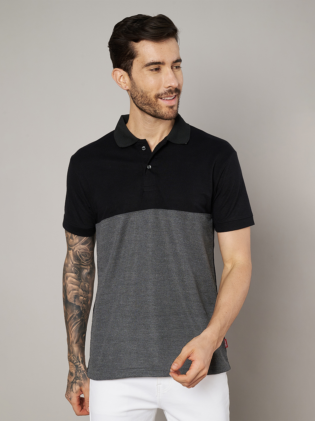 Men Colorblock Black & Grey Polo T-Shirt