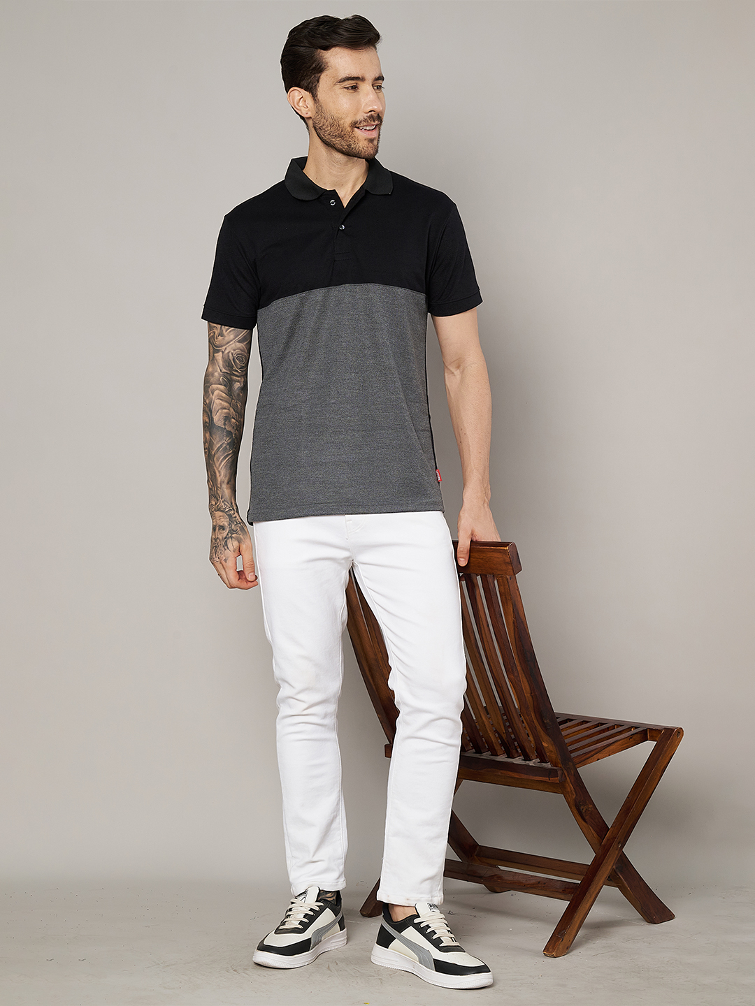 Men Colorblock Black & Grey Polo T-Shirt