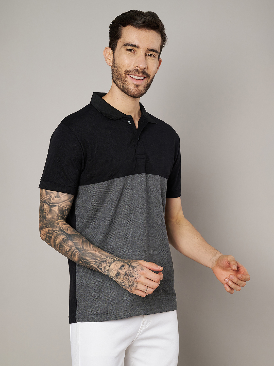Men Colorblock Black & Grey Polo T-Shirt - Leotude Fashion