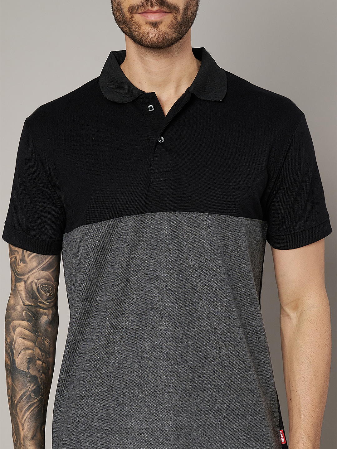 Men Colorblock Black & Grey Polo T-Shirt - Leotude Fashion