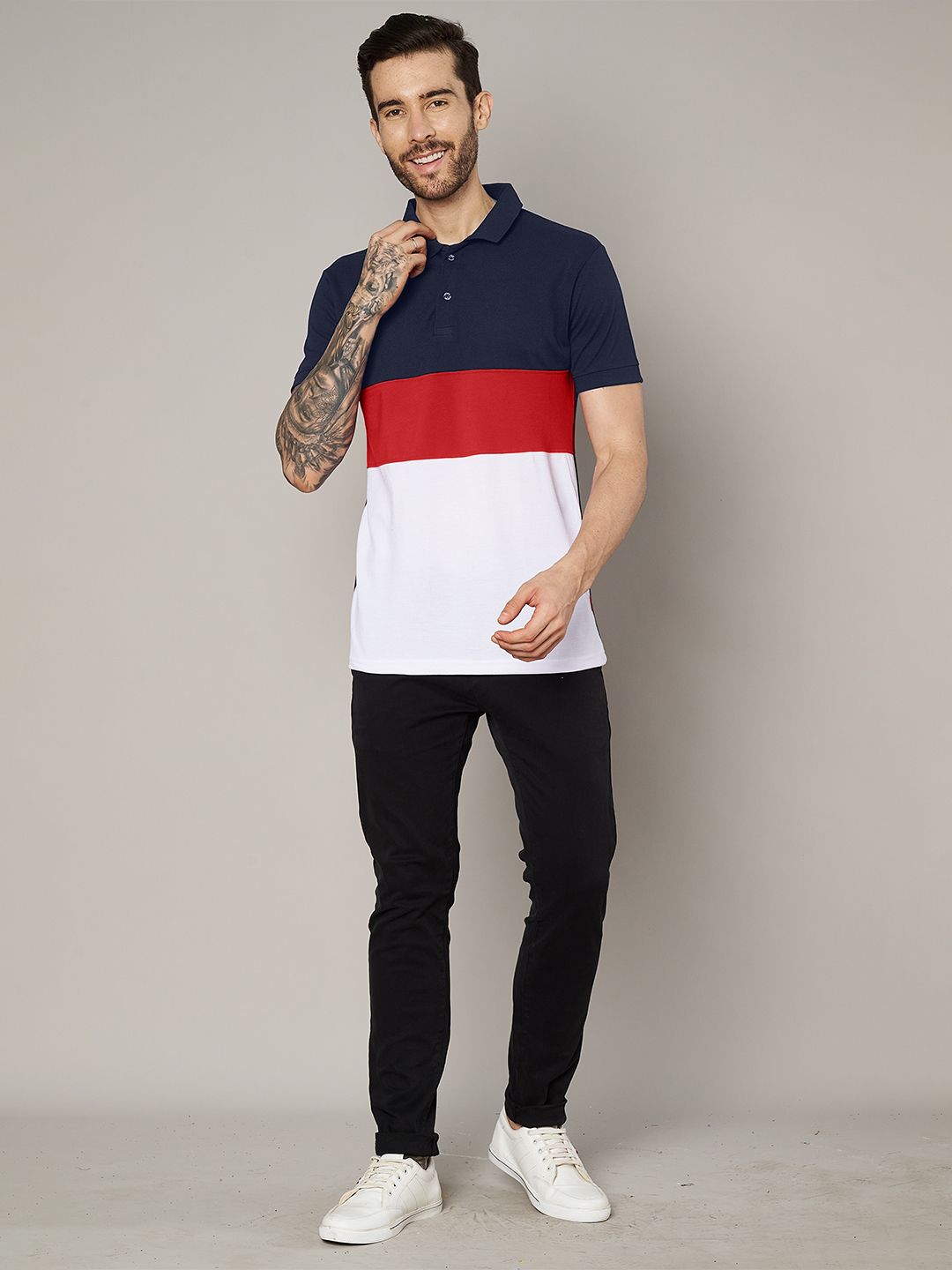 Men Colorblock Navy White Polo T-Shirt