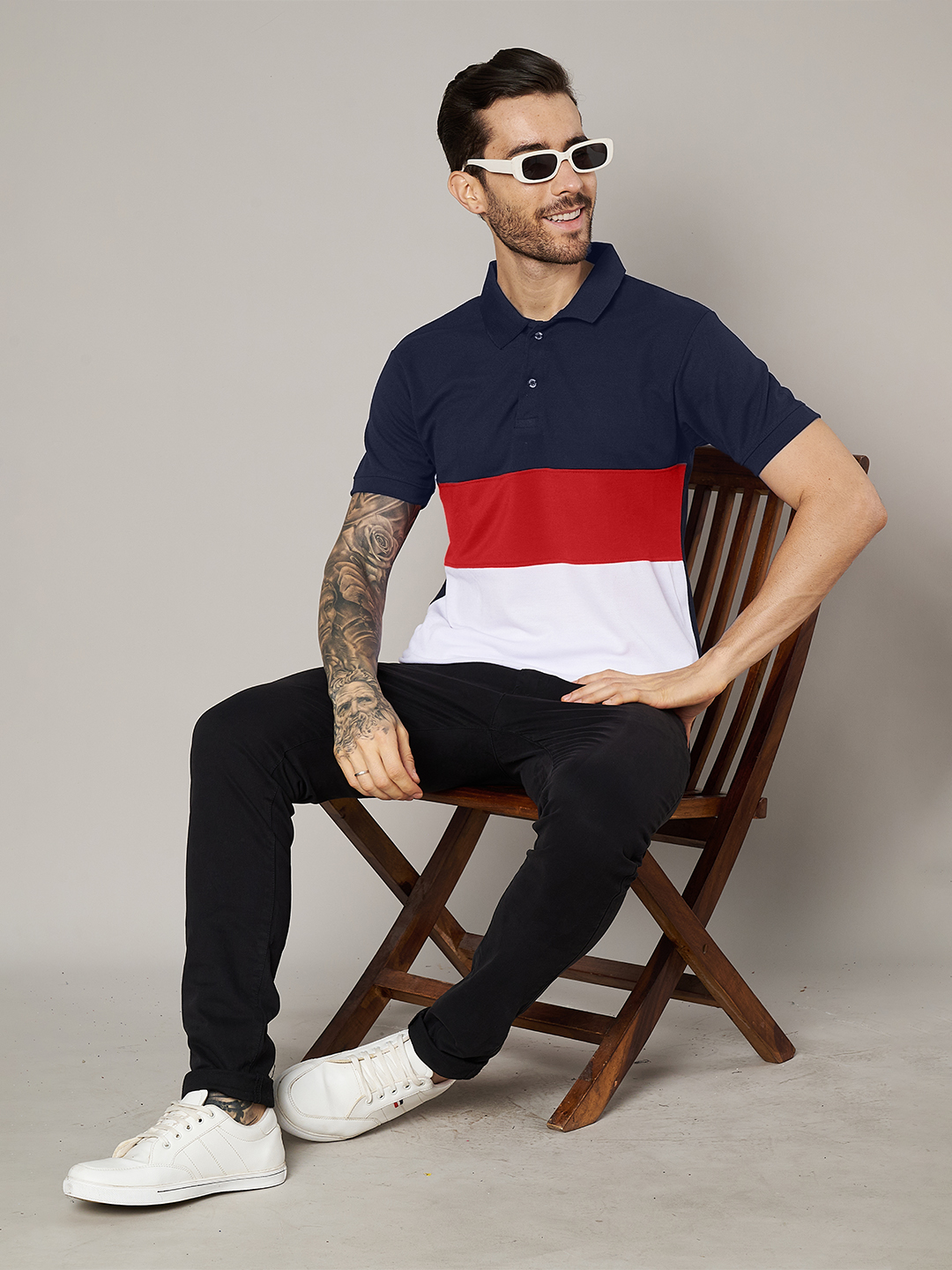 Men Colorblock Navy White Polo T-Shirt