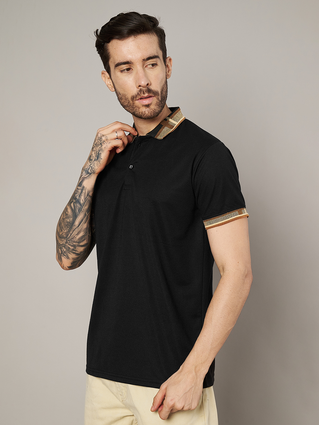 Men Brown Black Polo Collar T-Shirt