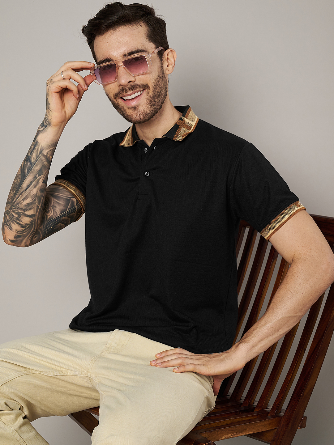 Men Brown Black Polo Collar T-Shirt