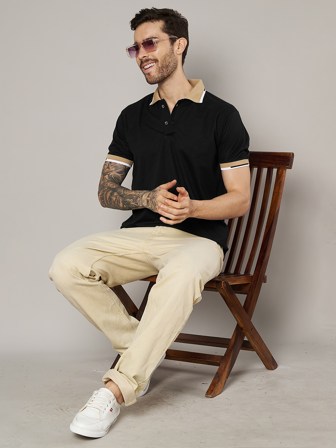 Men Black Beige Polo Collar Cotton T-shirt
