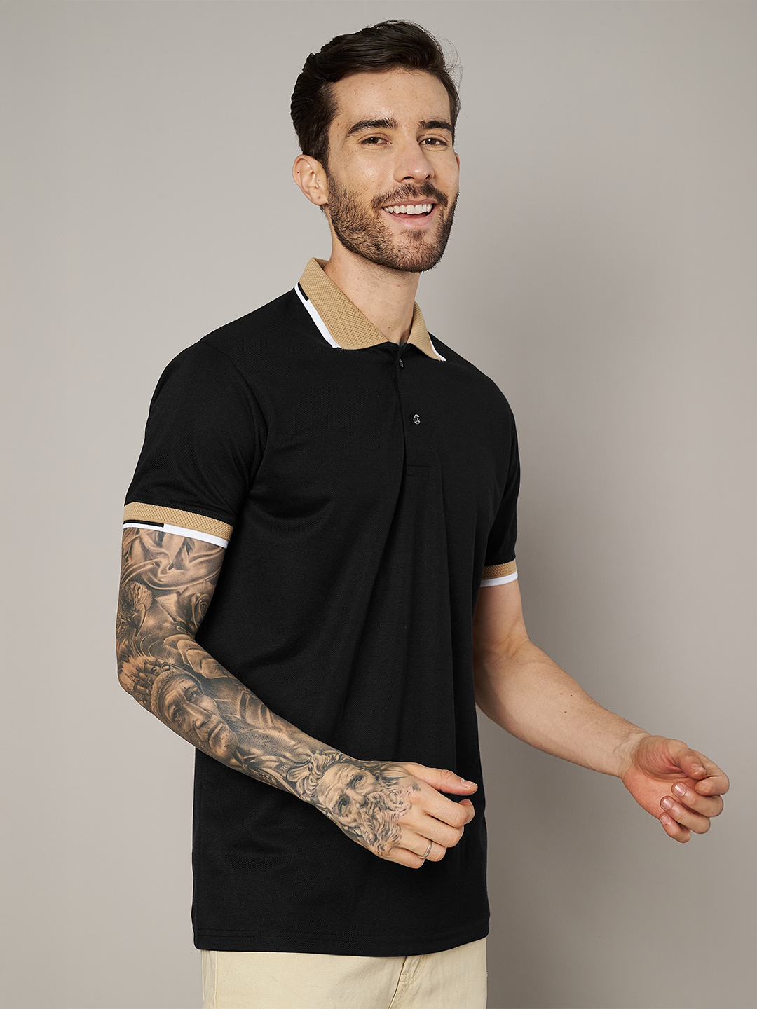 Men Black Beige Polo Collar Cotton T-shirt