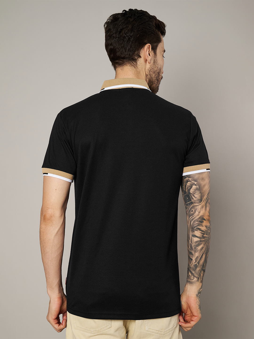 Men Black Beige Polo Collar Cotton T-shirt