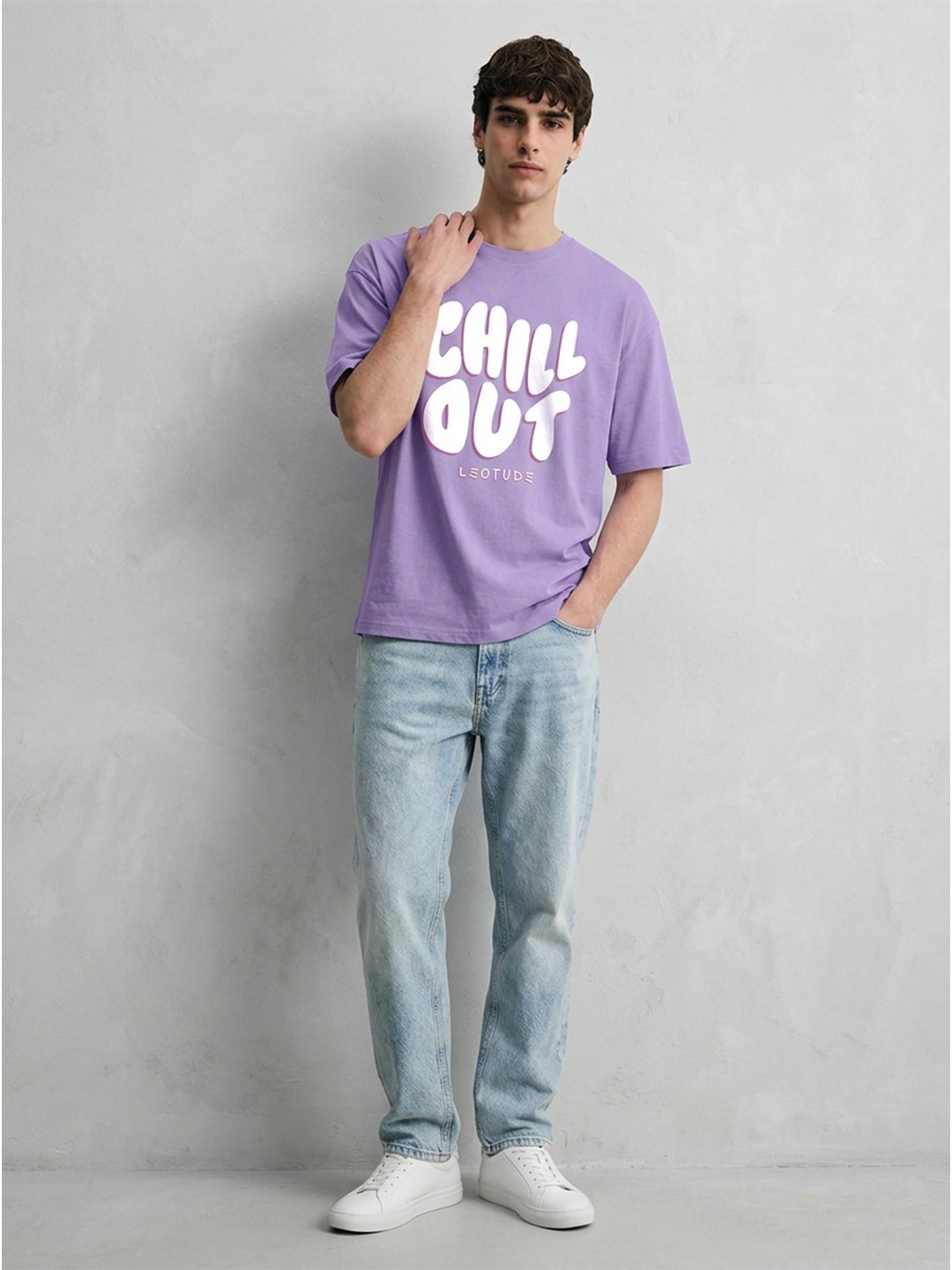 Leotude Men Purple Oversized CHILL OUT Graphic Printed T-Shirt