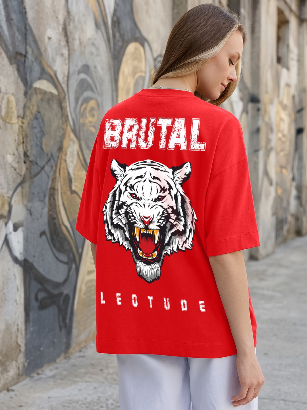 Leotude Women Oversized Brutal Tiger Back Print T-Shirt | Red Graphic Streetwear Tee - Leotude Fashion
