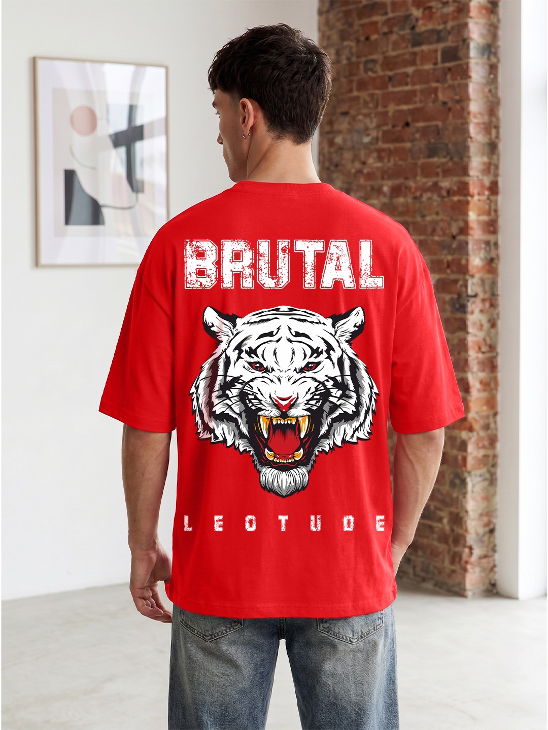 Leotude Men Oversized Brutal Tiger Back Print T-Shirt | Red Graphic Streetwear Tee - Leotude Fashion