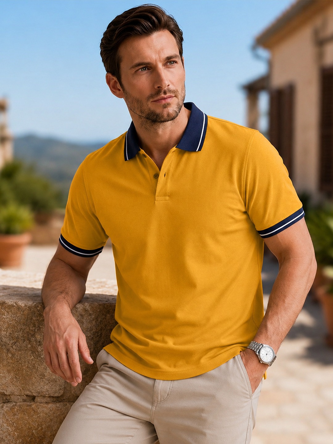 Men Colorblock Mustrad Polo T-Shirt