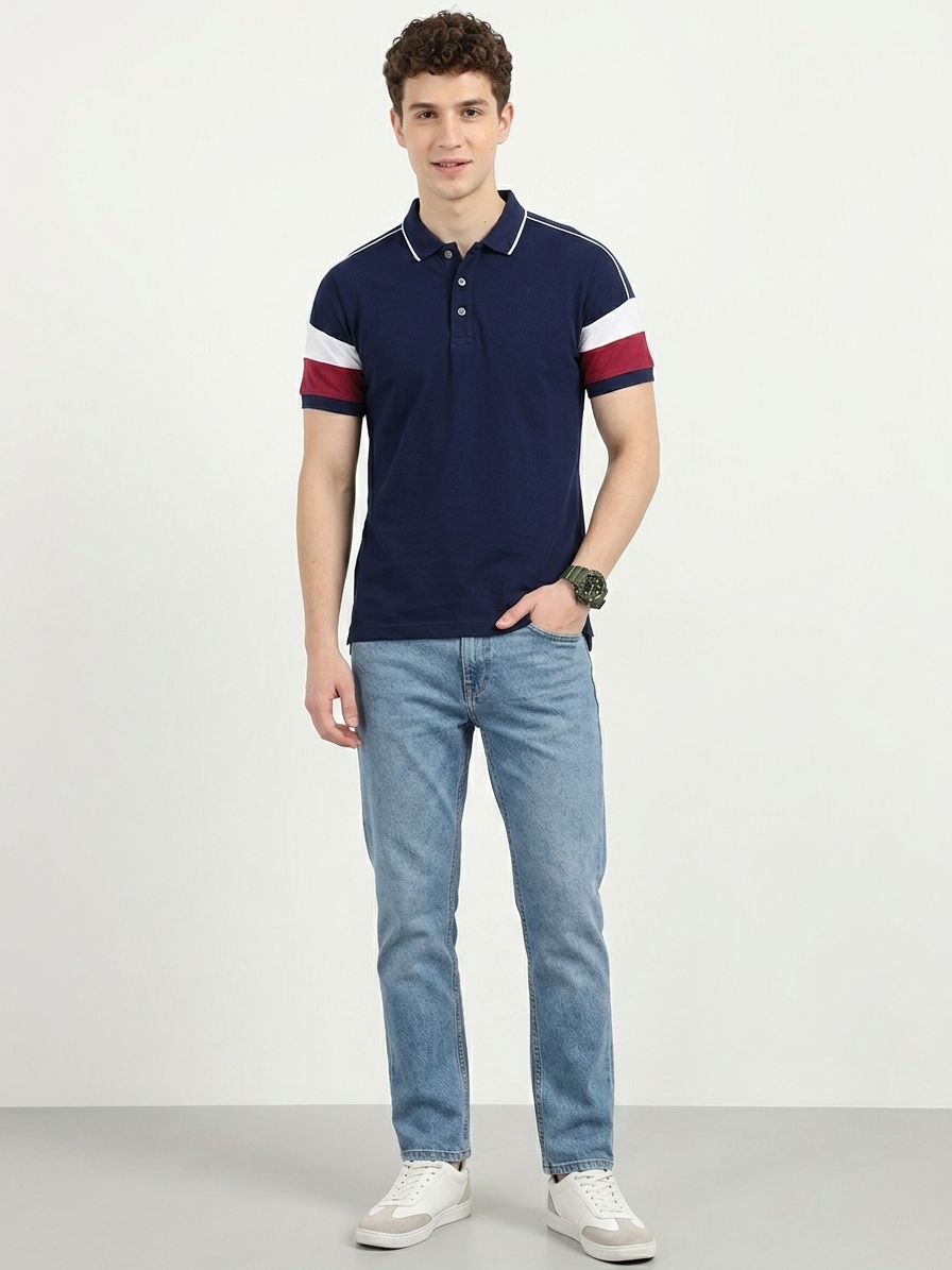 Men Colorblock Navy Polo T-Shirt
