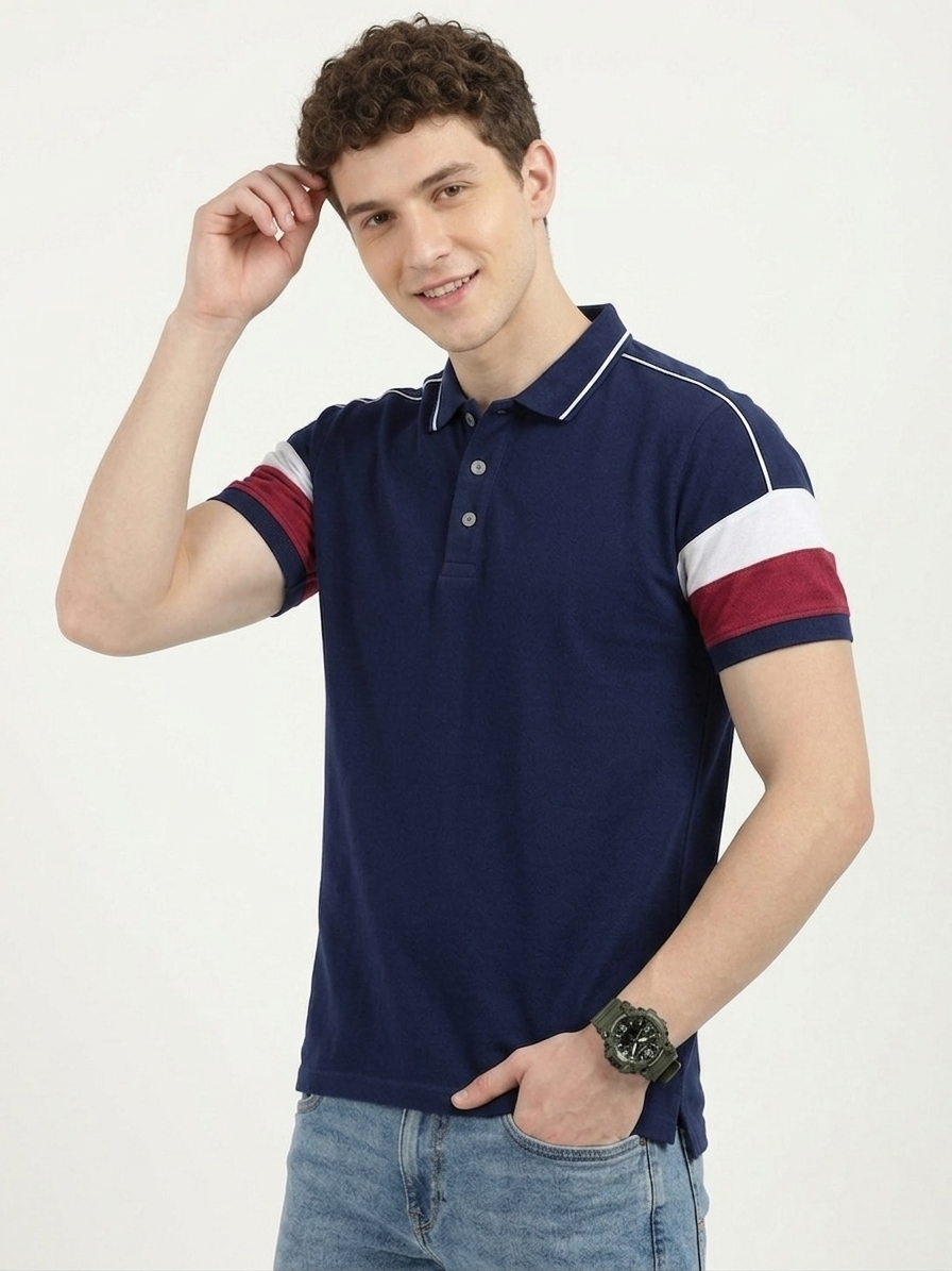 Men Colorblock Navy Polo T-Shirt