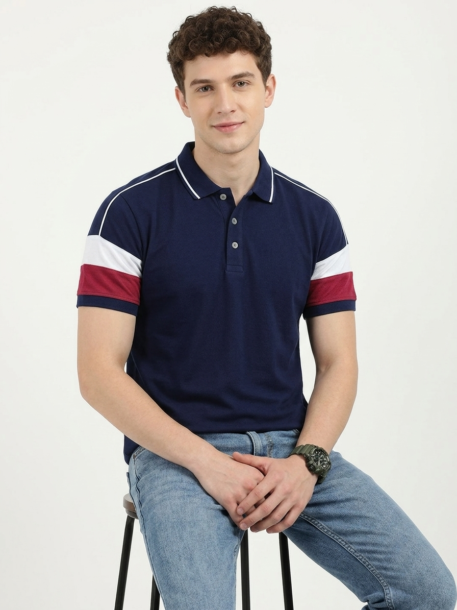 Men Colorblock Navy Polo T-Shirt - Leotude Fashion