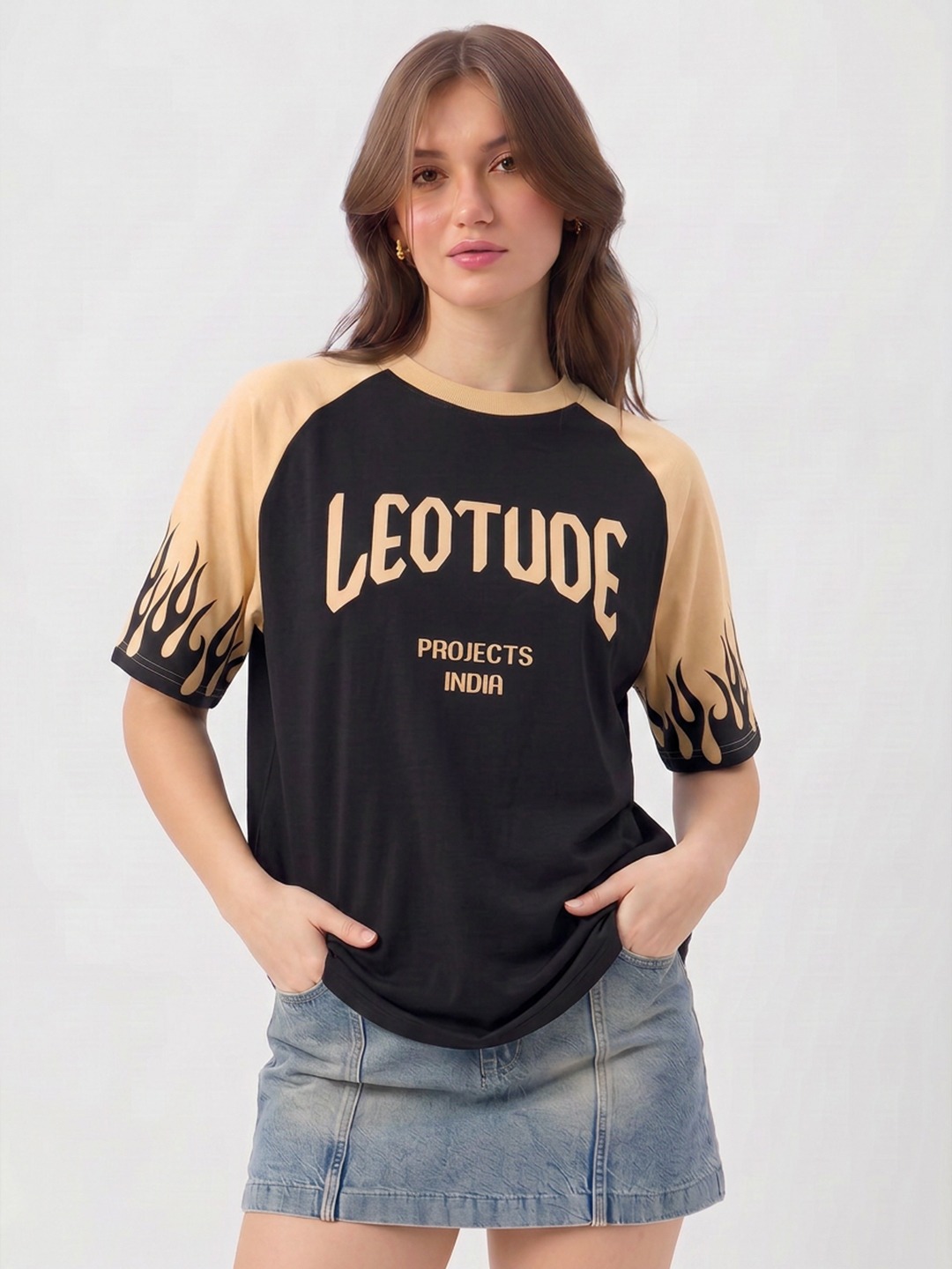 Leotude Projects India Flame Oversized T-Shirt For Women | Colorblock Beige Black Raglan Tee - Leotude Fashion