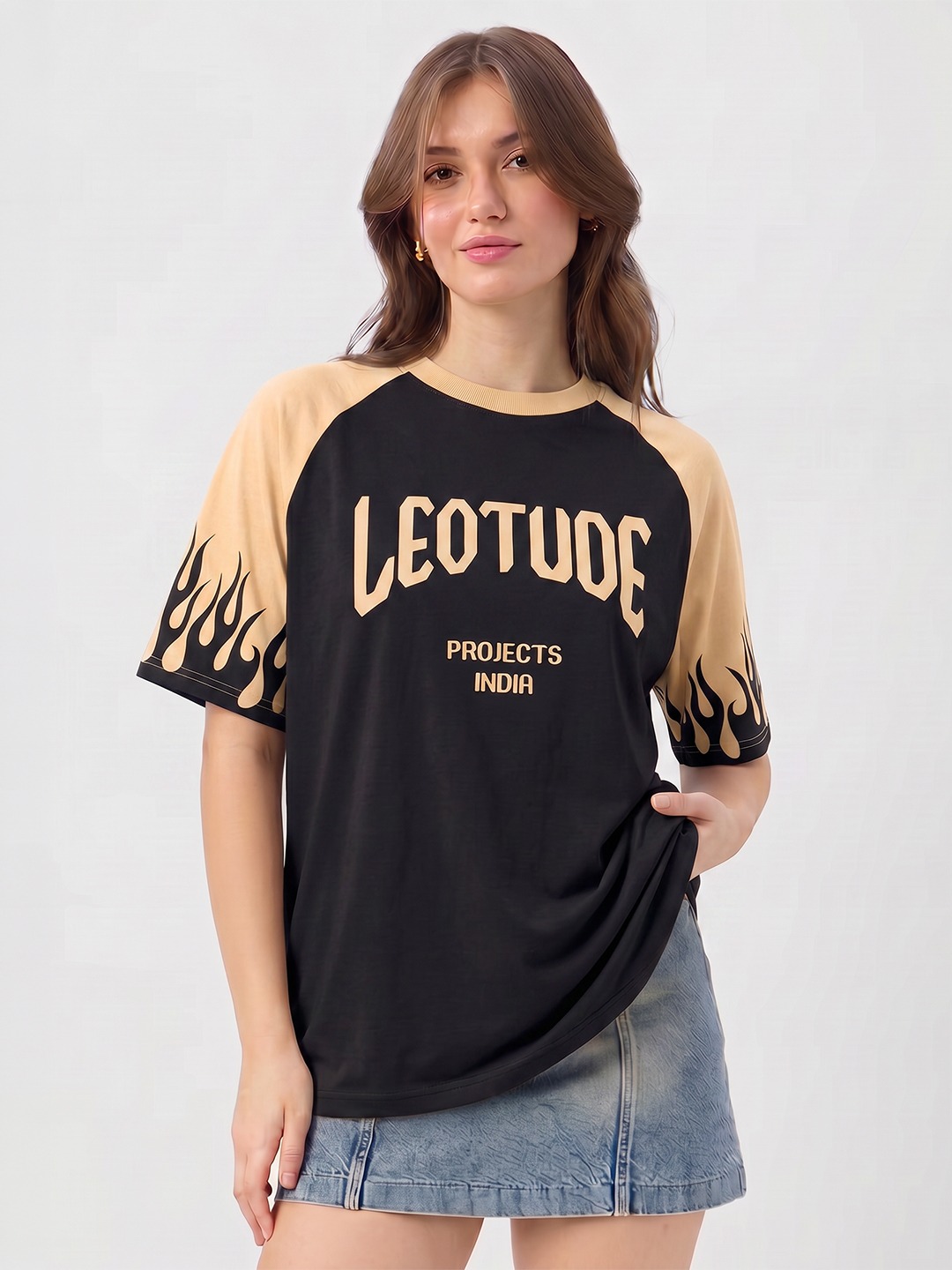 Leotude Projects India Flame Oversized T-Shirt For Women | Colorblock Beige Black Raglan Tee - Leotude Fashion