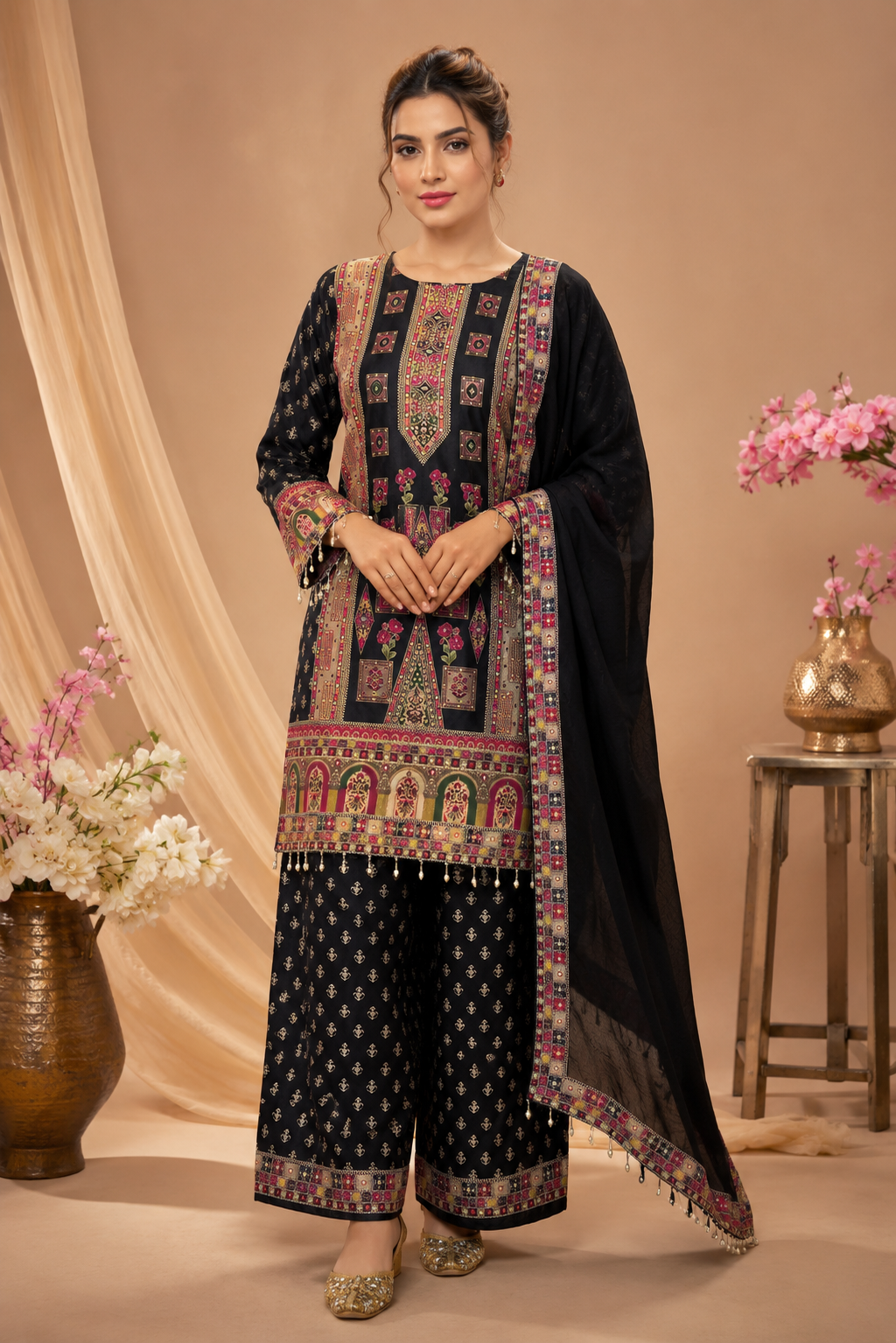 MAVDEE Collection Designer Printed Chinon Silk Kurta Palazzo with Dupatta Set
