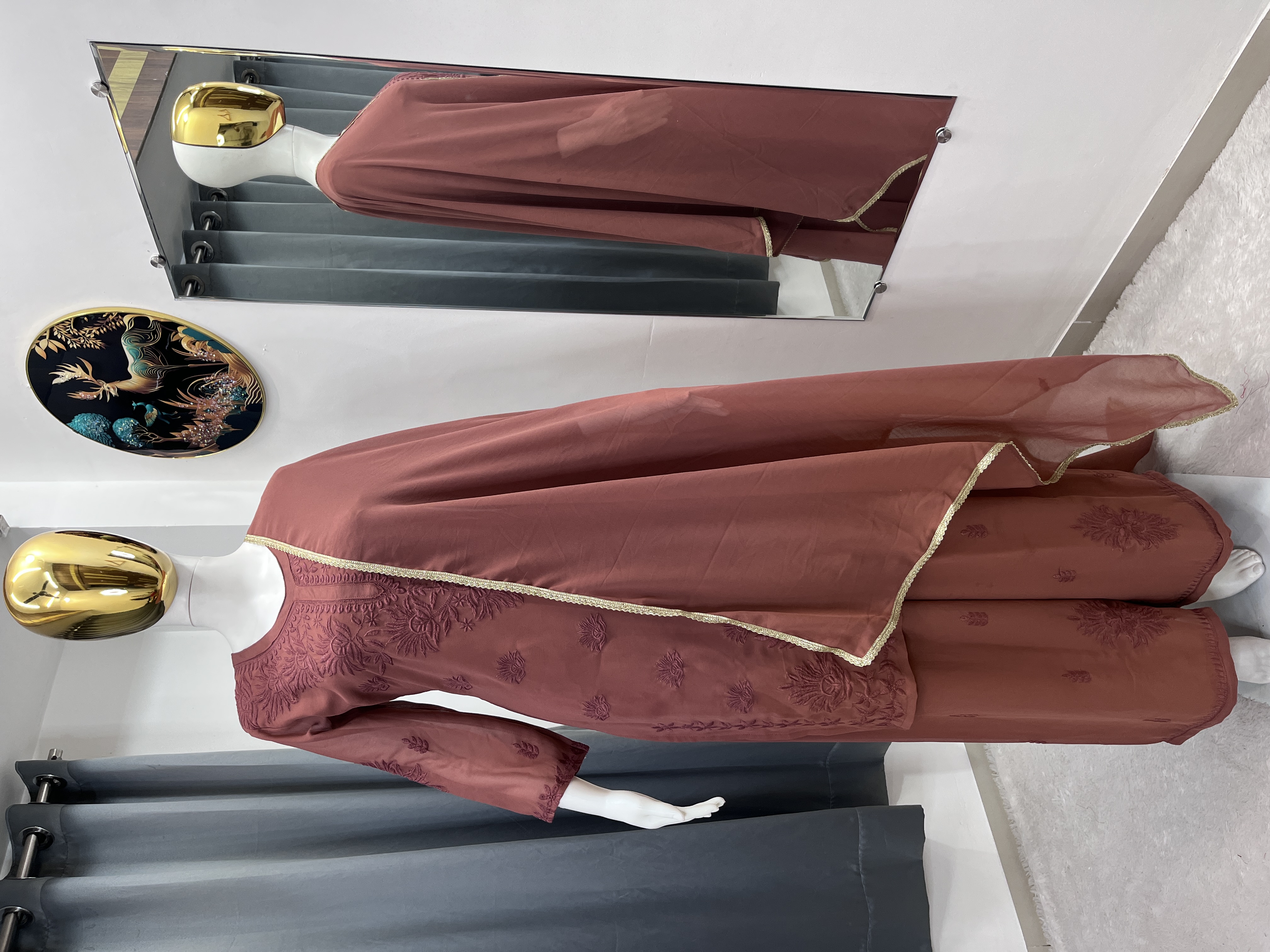 MAVDEE Chikankari Kurti Set with Palazzo and Dupatta | Faux Georgette | Embroidery Work | 3 Piece Set - Mauve