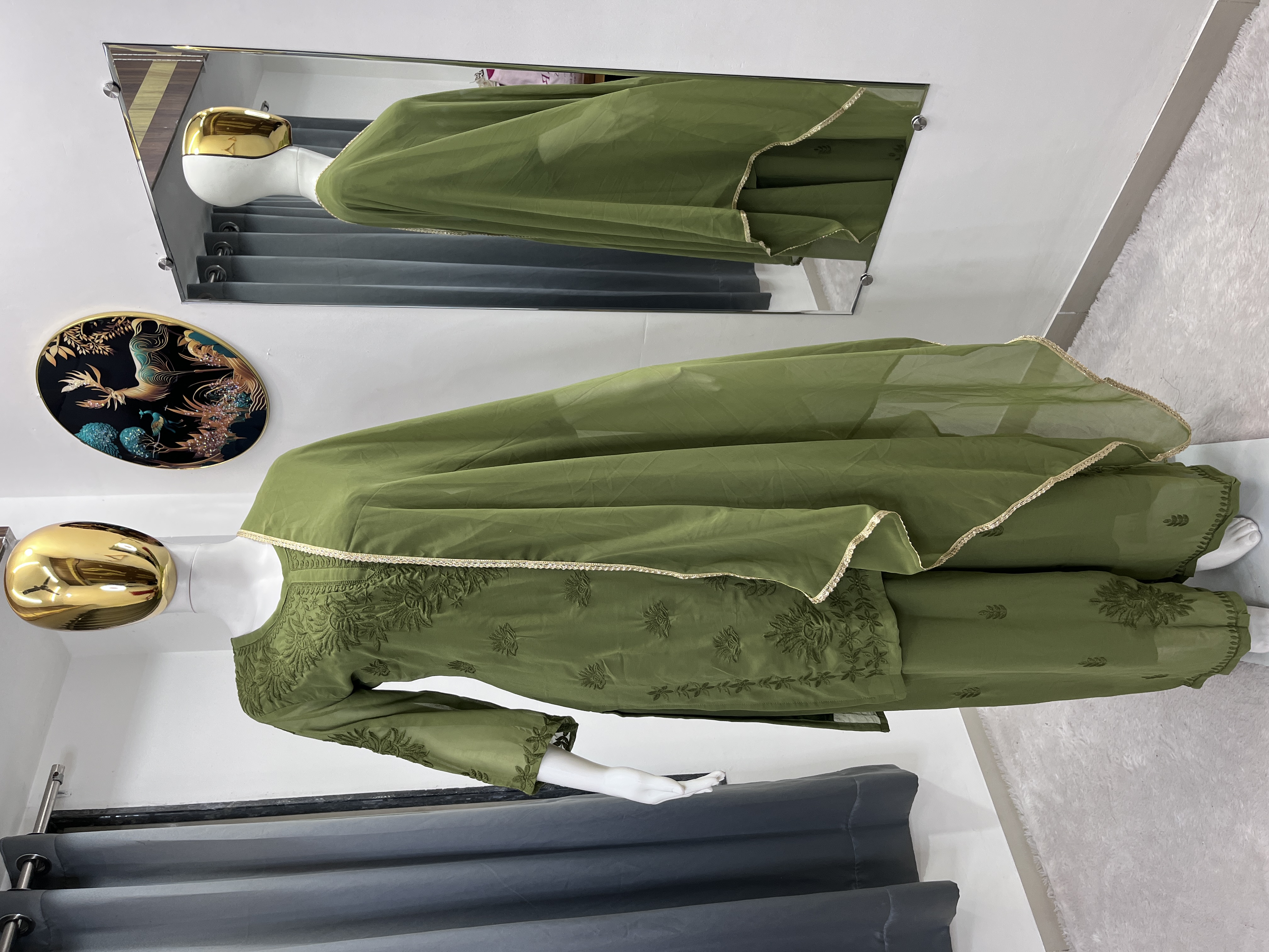 MAVDEE Chikankari Kurti Set with Palazzo and Dupatta | Faux Georgette | Embroidery Work | 3 Piece Set - Olive Green
