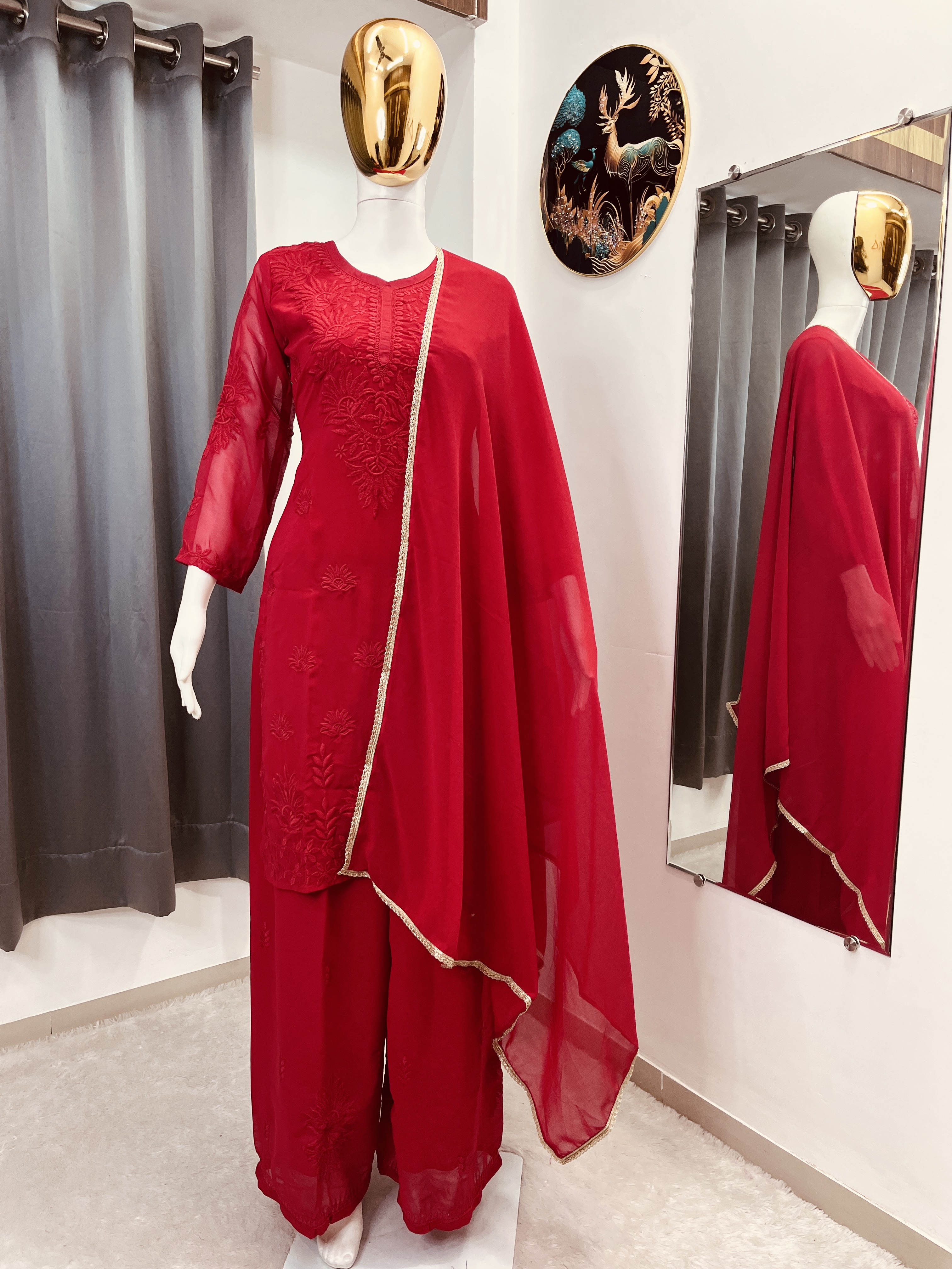 MAVDEE Chikankari Kurti Set with Palazzo and Dupatta | Faux Georgette | Embroidery Work | 3 Piece Set - Red