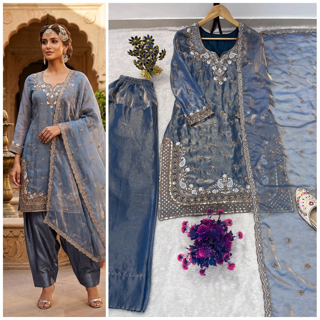 MAVDEE Heavy Embroidery Embrodary Kurti Set with Farshi Palazzo and Dupatta | Fendyy Fabric | Festival Wear - Steel Blue