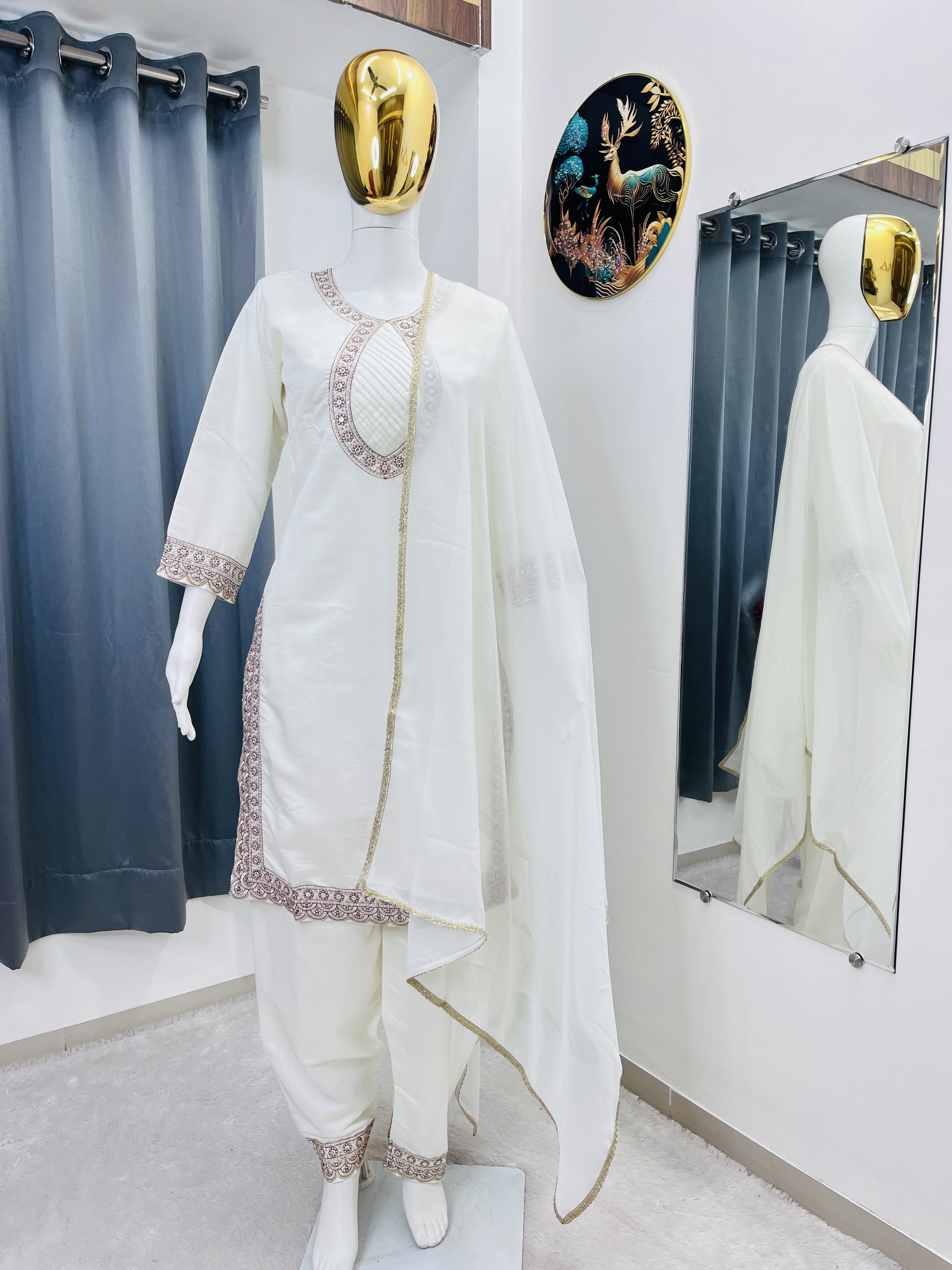 MAVDEE COLLECTION Designer Heavy Embroidery Sequence Work Kurti Pant With Dupatta Set White Roman Silk