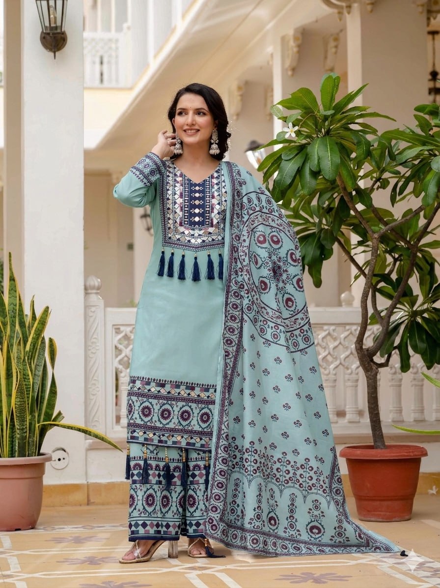 Mavdee Collection Designer Digital Print Real Mirror Work Maslin Kurti With Sharara And Dupatta Set