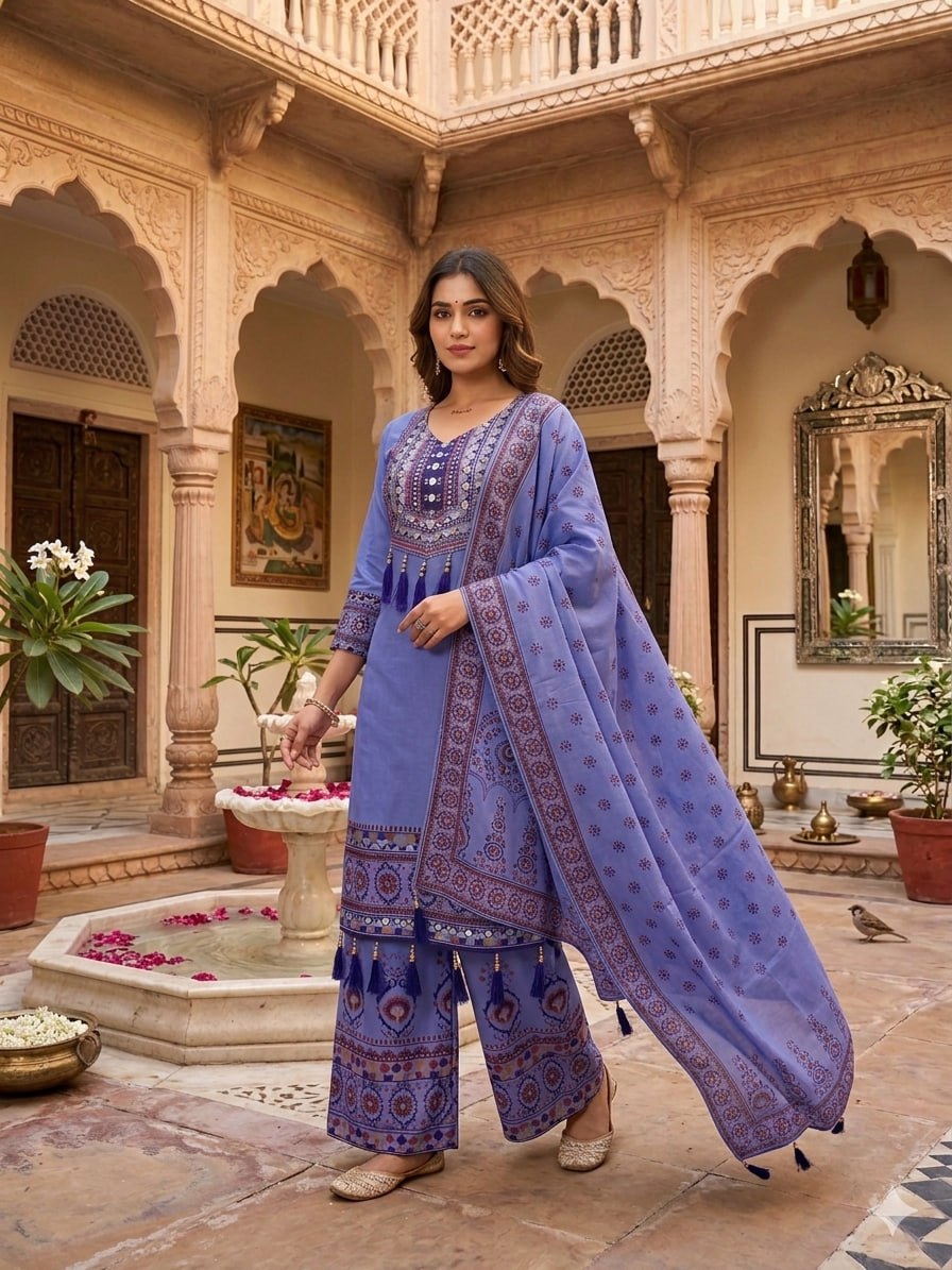 MAVDEE COLLECTION Muslin Kurti with Palazzo & Dupatta Set for Women | Digital Print | Mirror Work | Festive & Casual Wear