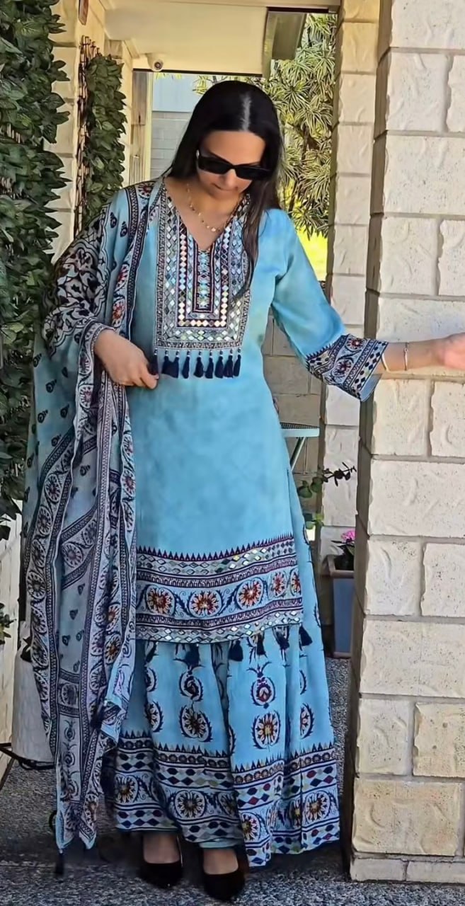 MAVDEE COLLECTION Muslin Kurti with Palazzo & Dupatta Set for Women | Digital Print | Mirror Work | Festive & Casual Wear