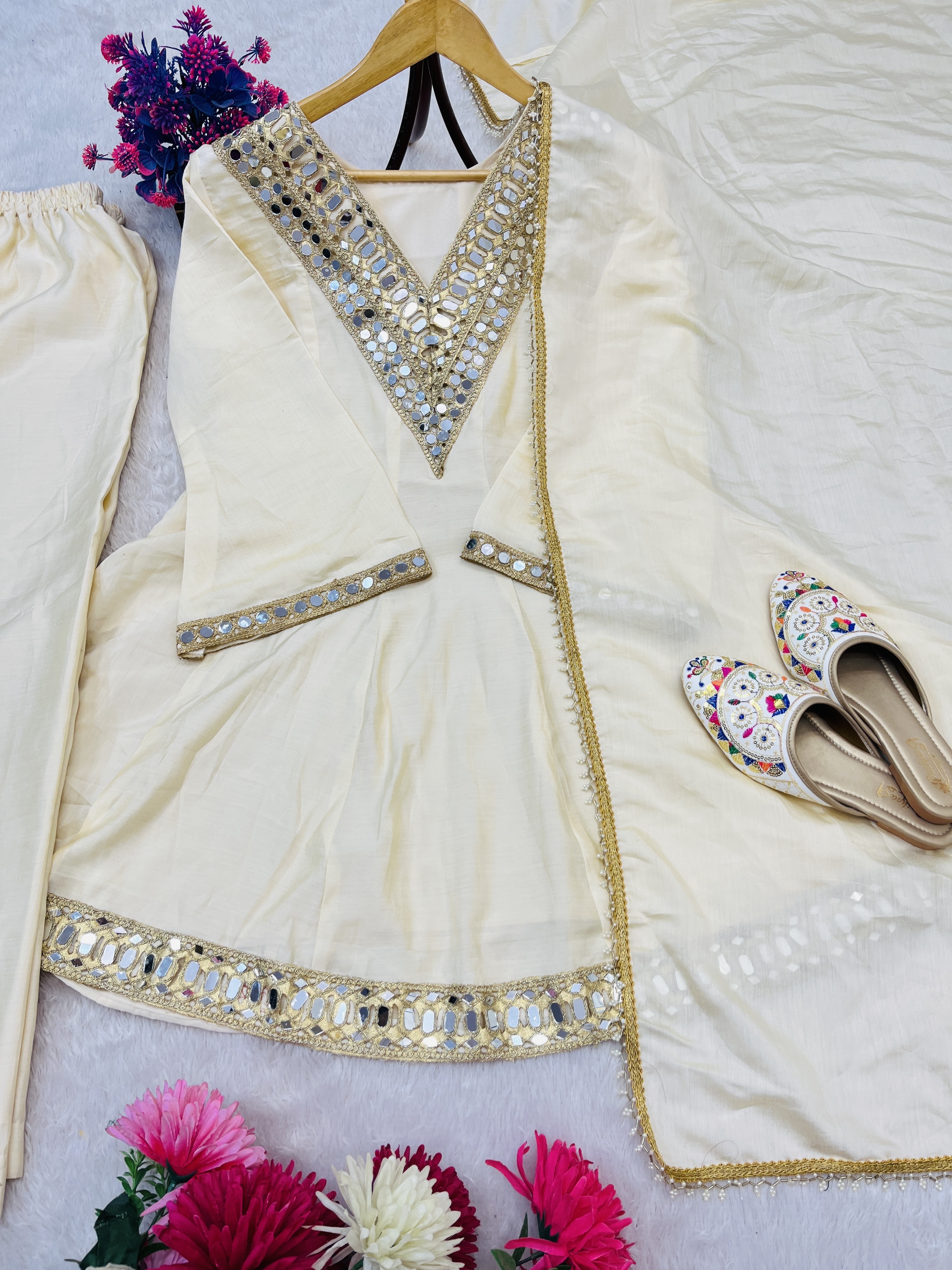 Women's Mirror Work Silk Anarkali Kurti with Sharara and Dupatta Set